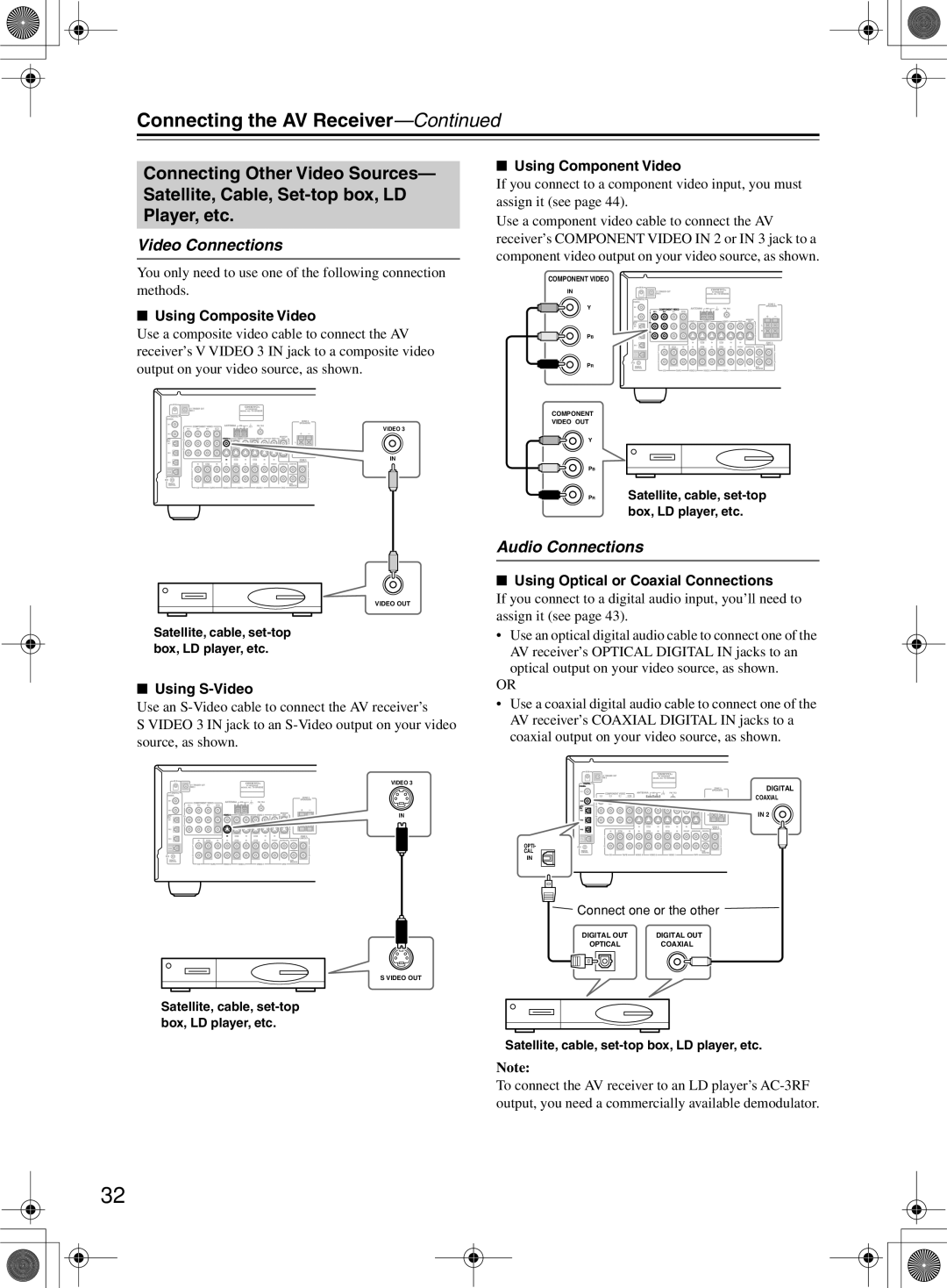 Onkyo TX-SR8360, TX-SR603/603E Using Optical or Coaxial Connections, PRSatellite, cable, set-top box, LD player, etc 