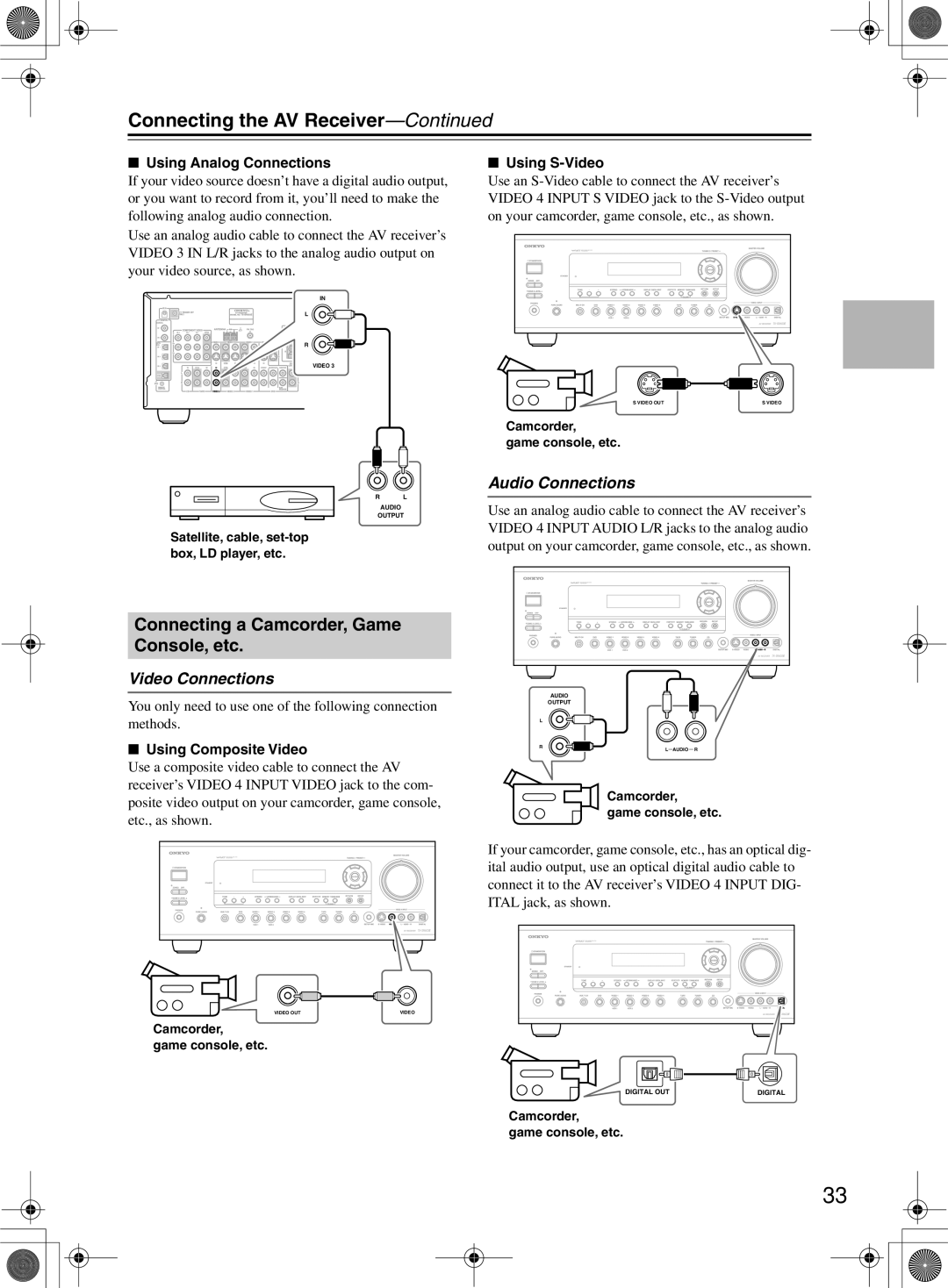 Onkyo TX-SR603/603E, TX-SR8360 Connecting a Camcorder, Game Console, etc, Using Analog Connections Using S-Video 