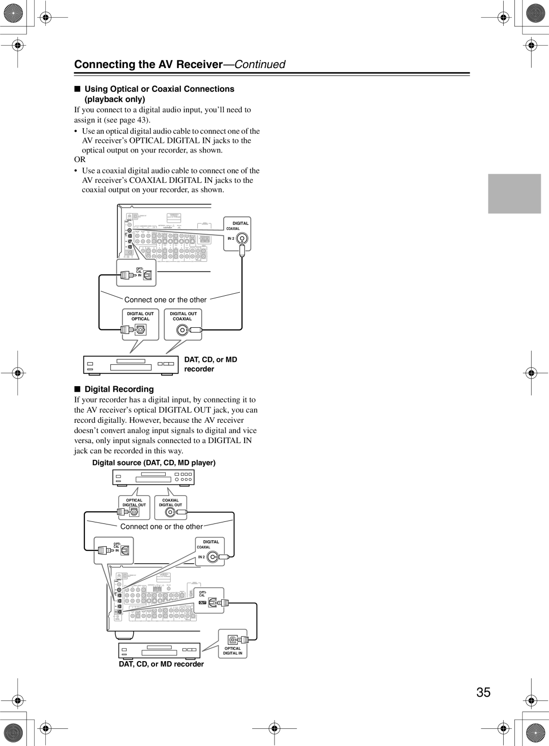 Onkyo TX-SR603/603E, TX-SR8360 instruction manual Using Optical or Coaxial Connections playback only, Digital Recording 