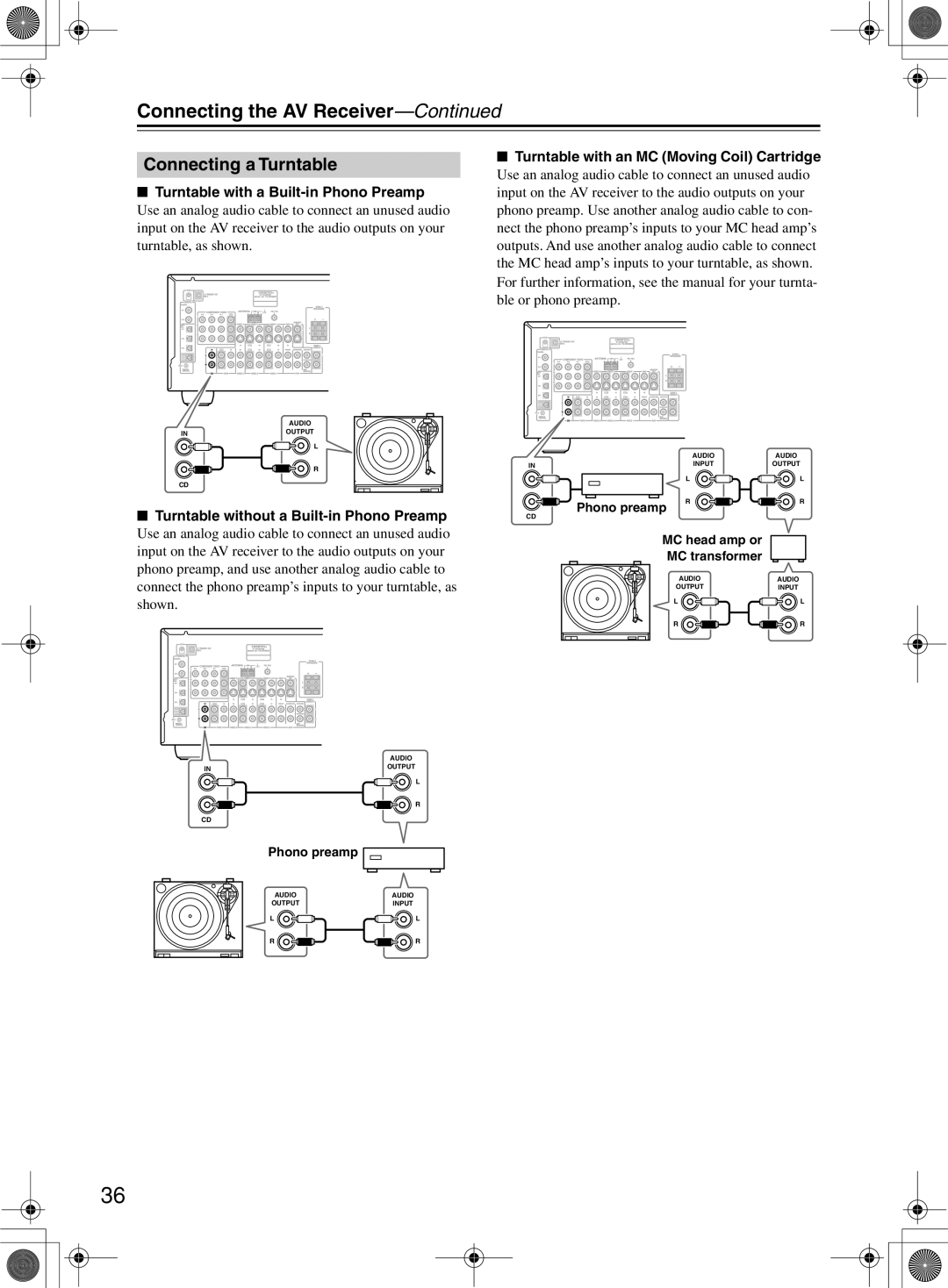 Onkyo TX-SR8360 Connecting a Turntable, Turntable with a Built-in Phono Preamp, Turntable with an MC Moving Coil Cartridge 