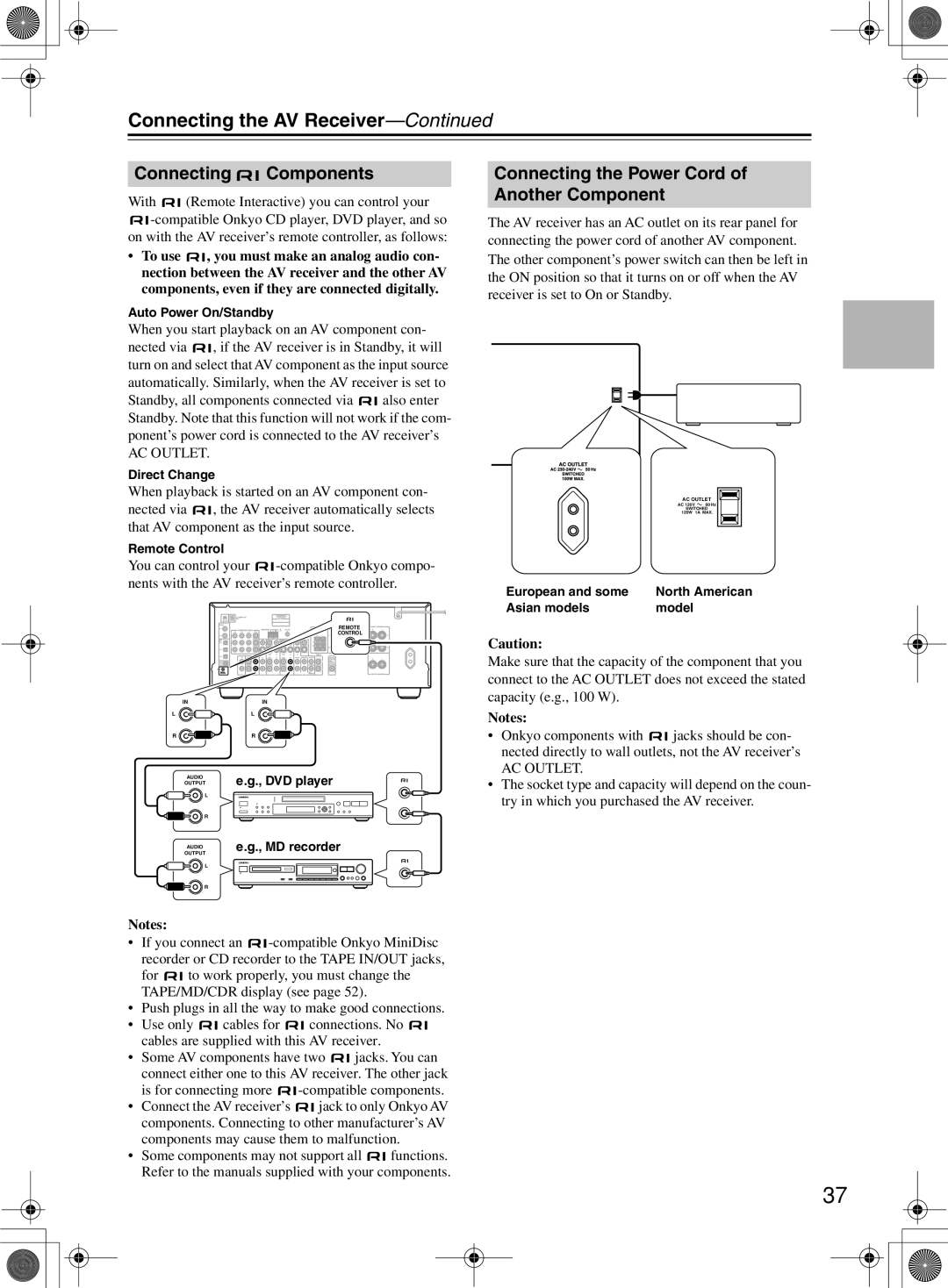 Onkyo TX-SR603/603E, TX-SR8360 instruction manual Connecting Components, Connecting the Power Cord of Another Component 