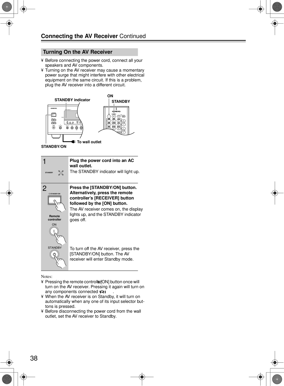 Onkyo TX-SR8360 Turning On the AV Receiver, Plug the power cord into an AC, Wall outlet, Standby indicator will light up 