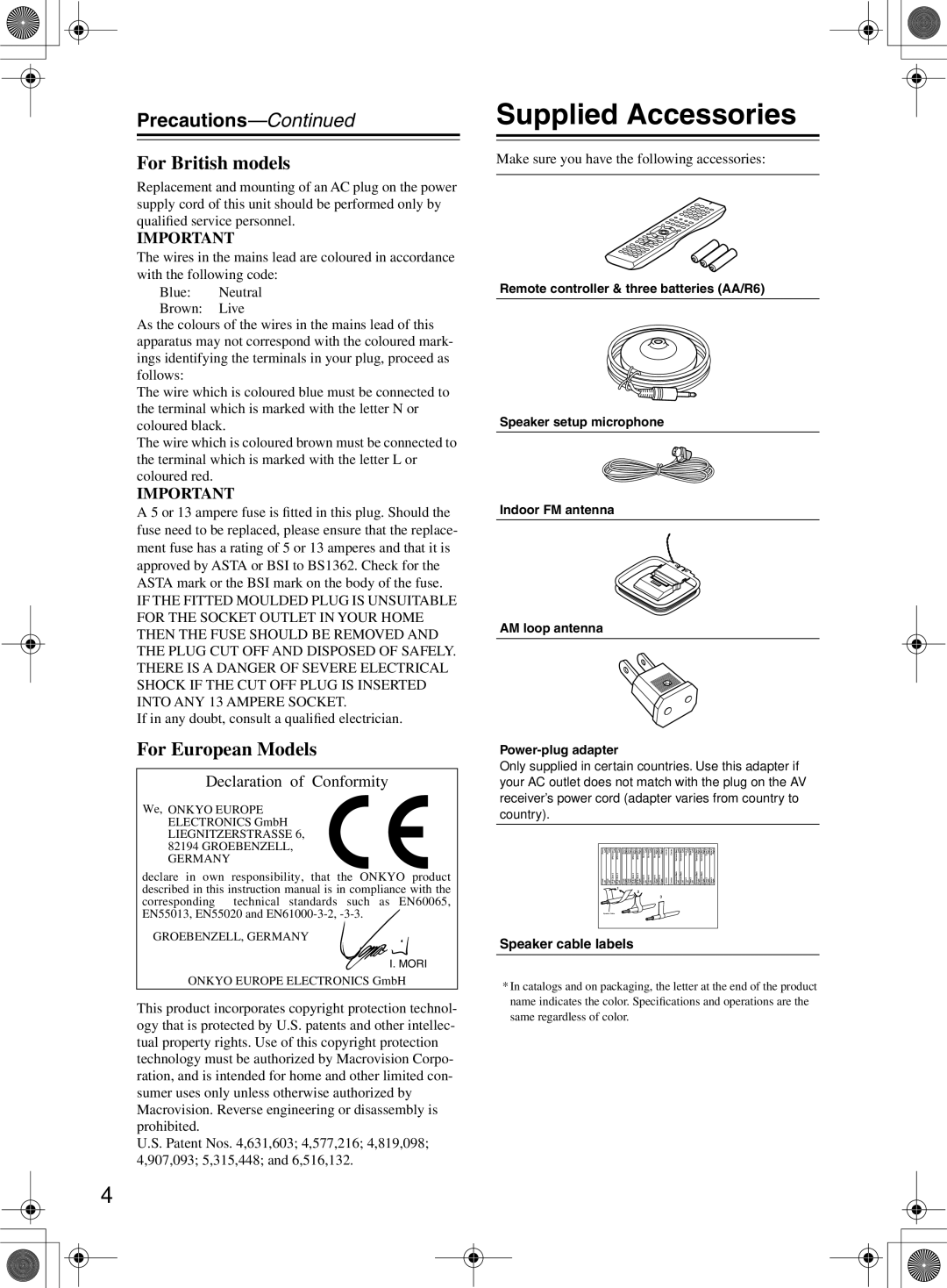 Onkyo TX-SR8360 Supplied Accessories, Precautions, If in any doubt, consult a qualiﬁed electrician, Speaker cable labels 