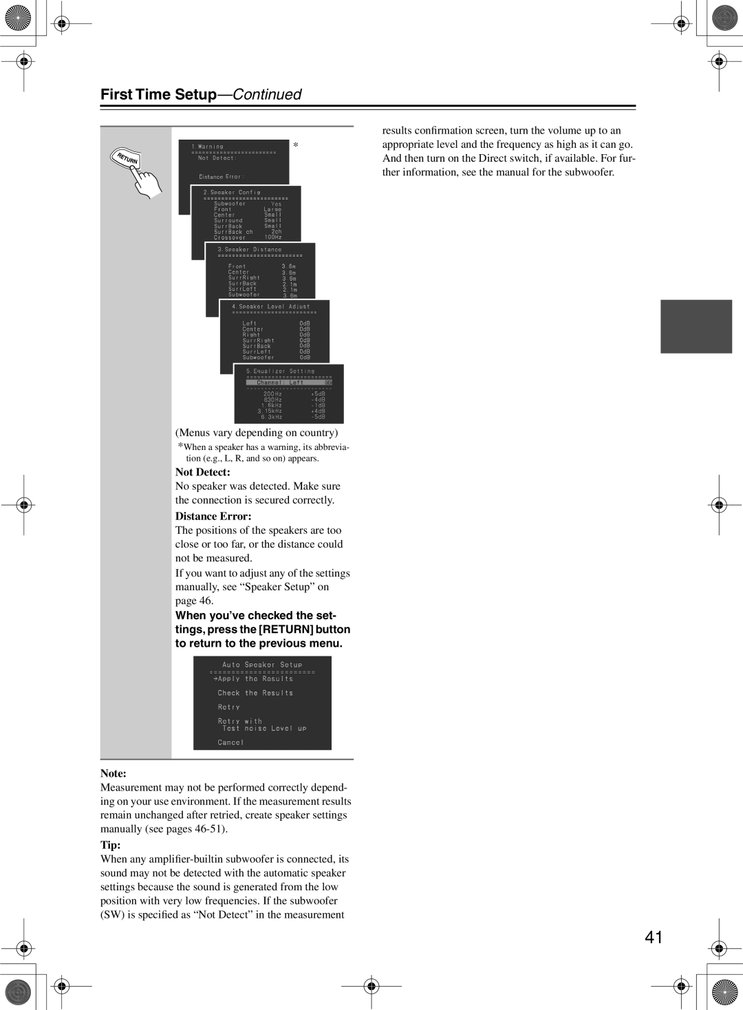 Onkyo TX-SR603/603E, TX-SR8360 instruction manual Menus vary depending on country, Not Detect, Distance Error, Tip 