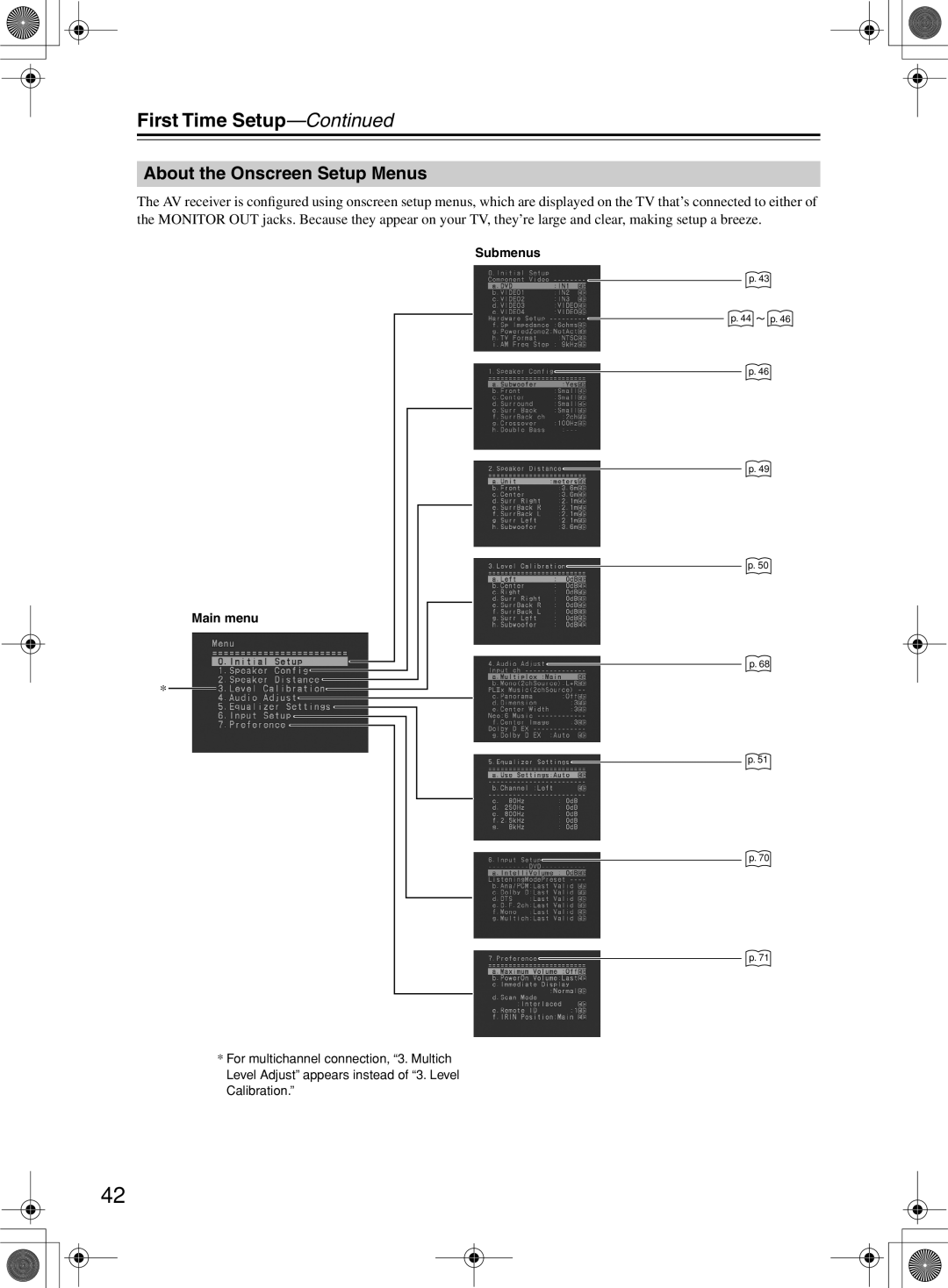 Onkyo TX-SR8360, TX-SR603/603E instruction manual About the Onscreen Setup Menus, Main menu Submenus 