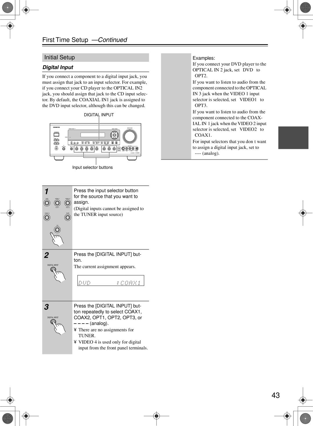 Onkyo TX-SR603/603E, TX-SR8360 instruction manual Initial Setup, Digital Input 