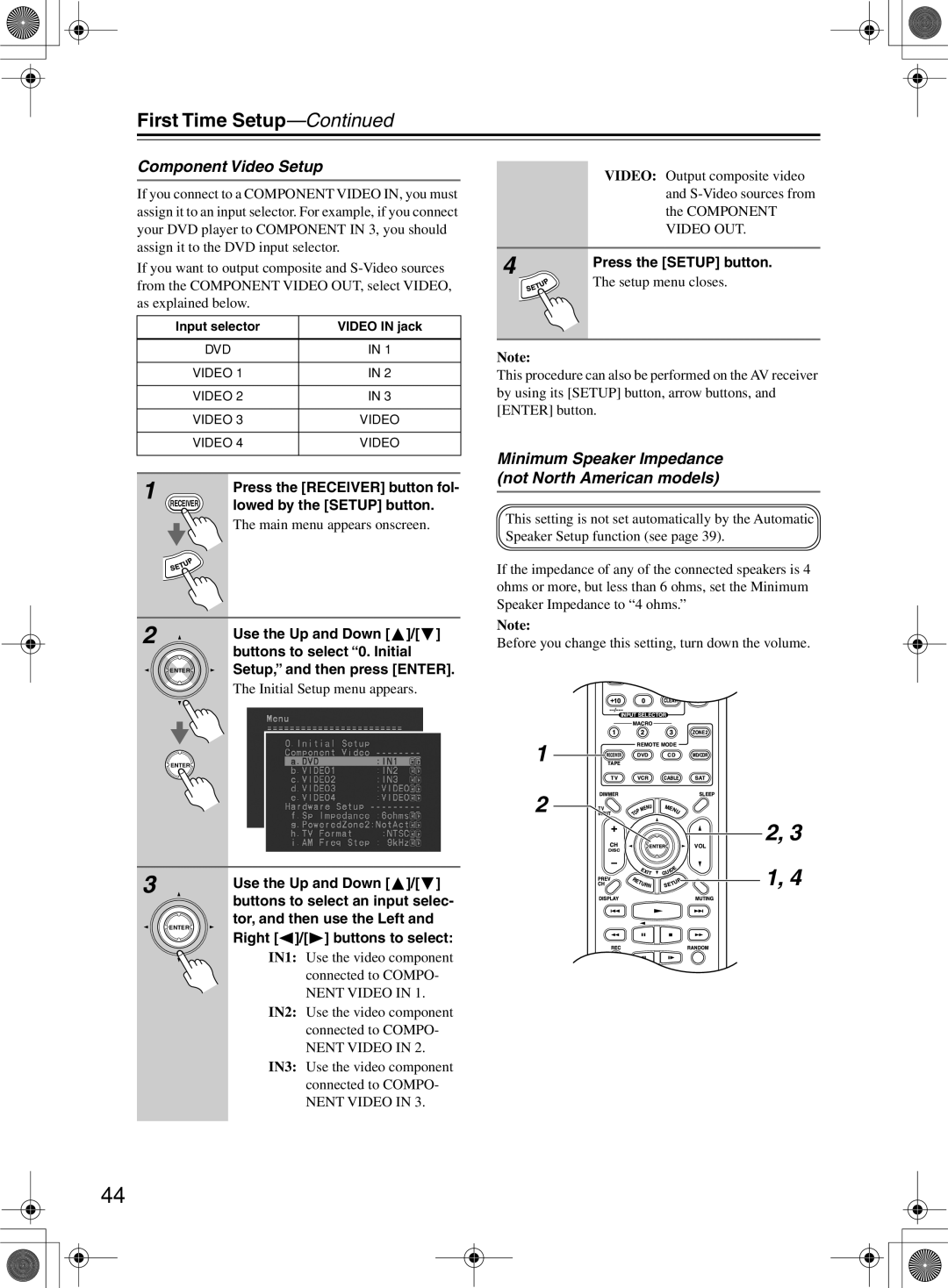 Onkyo TX-SR8360, TX-SR603/603E instruction manual Component Video Setup, Minimum Speaker Impedance not North American models 