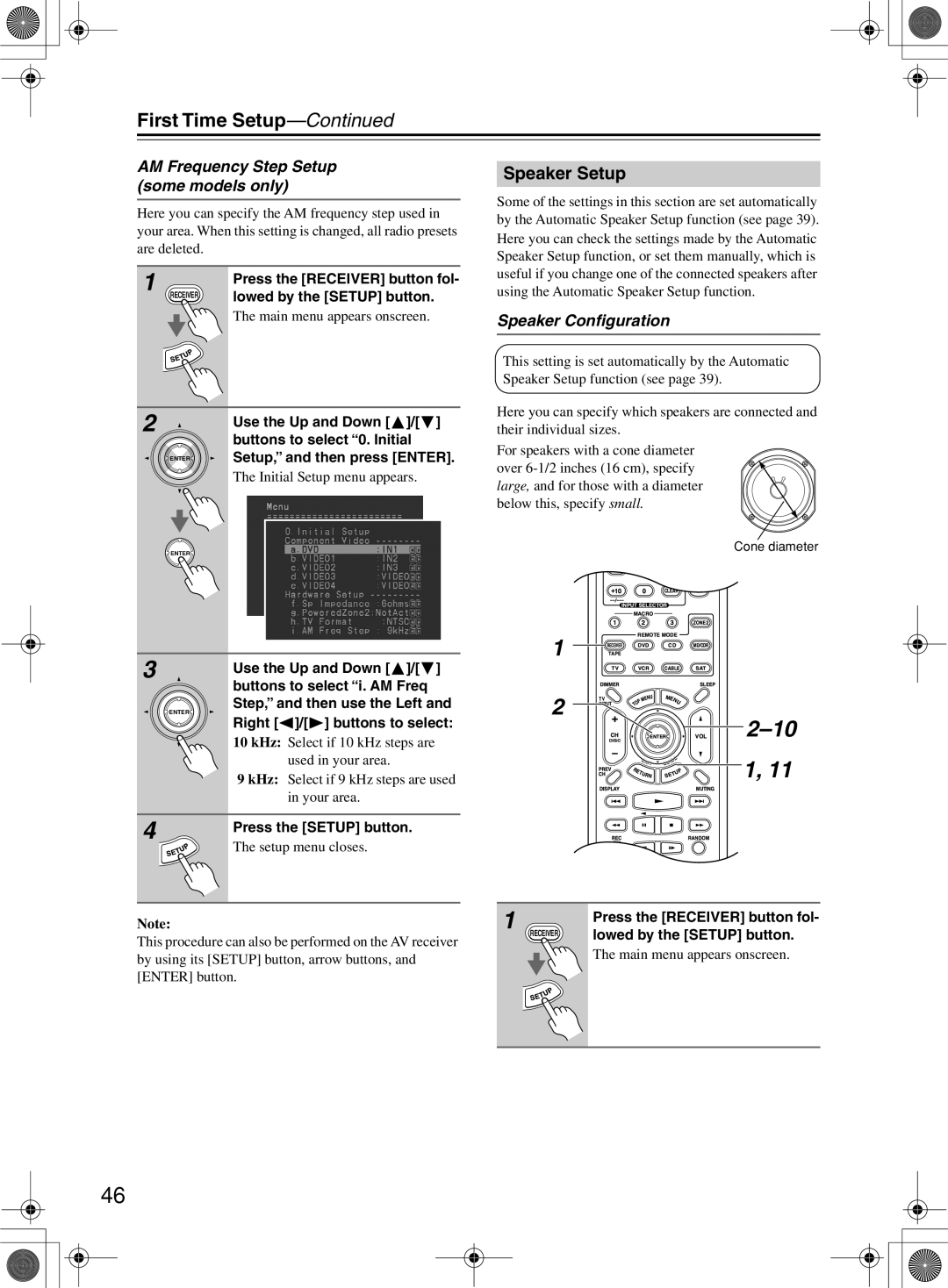 Onkyo TX-SR8360, TX-SR603/603E instruction manual Speaker Setup, AM Frequency Step Setup some models only 