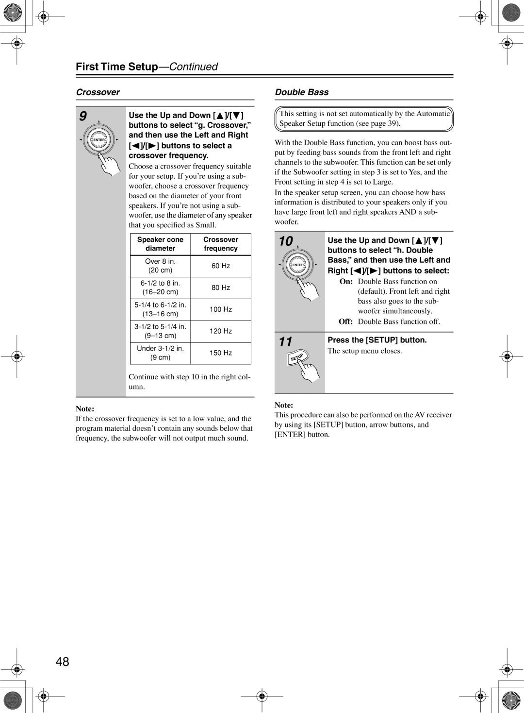Onkyo TX-SR8360 Crossover, Double Bass, Buttons to select a crossover frequency, Buttons to select h. Double 