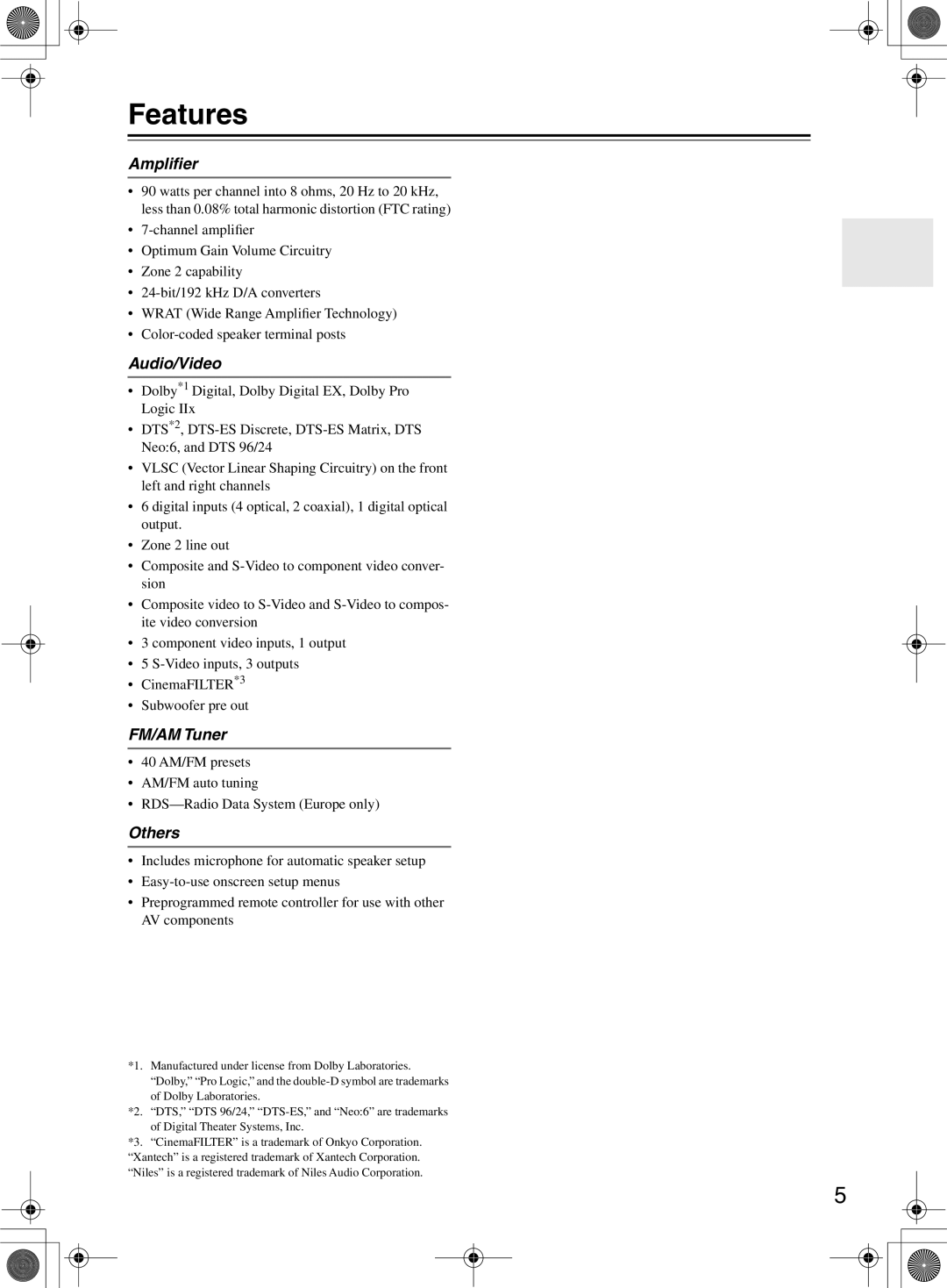 Onkyo TX-SR603/603E, TX-SR8360 instruction manual Features, Ampliﬁer, Audio/Video, FM/AM Tuner, Others 