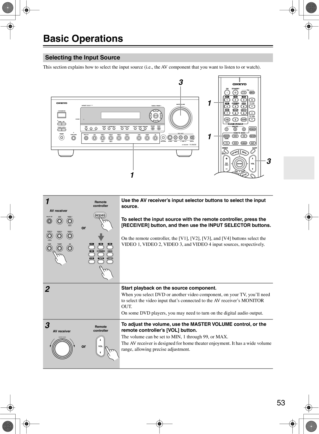 Onkyo TX-SR603/603E Basic Operations, Selecting the Input Source, Receiver button, and then use the Input Selector buttons 