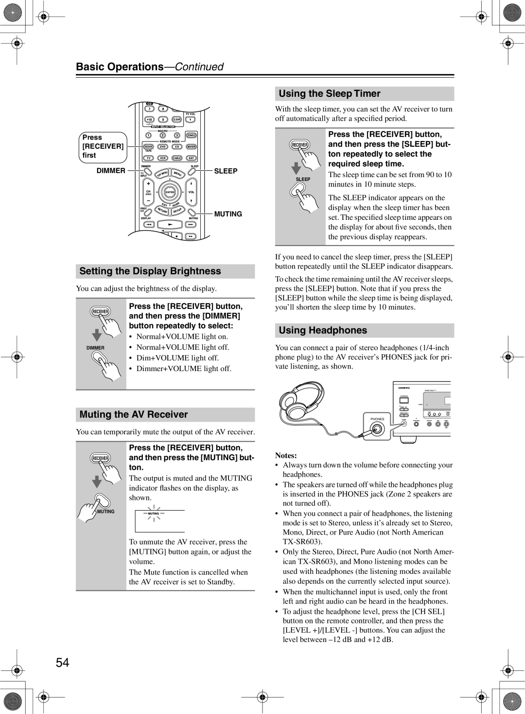 Onkyo TX-SR8360, TX-SR603/603E Basic Operations, Using the Sleep Timer, Setting the Display Brightness, Using Headphones 