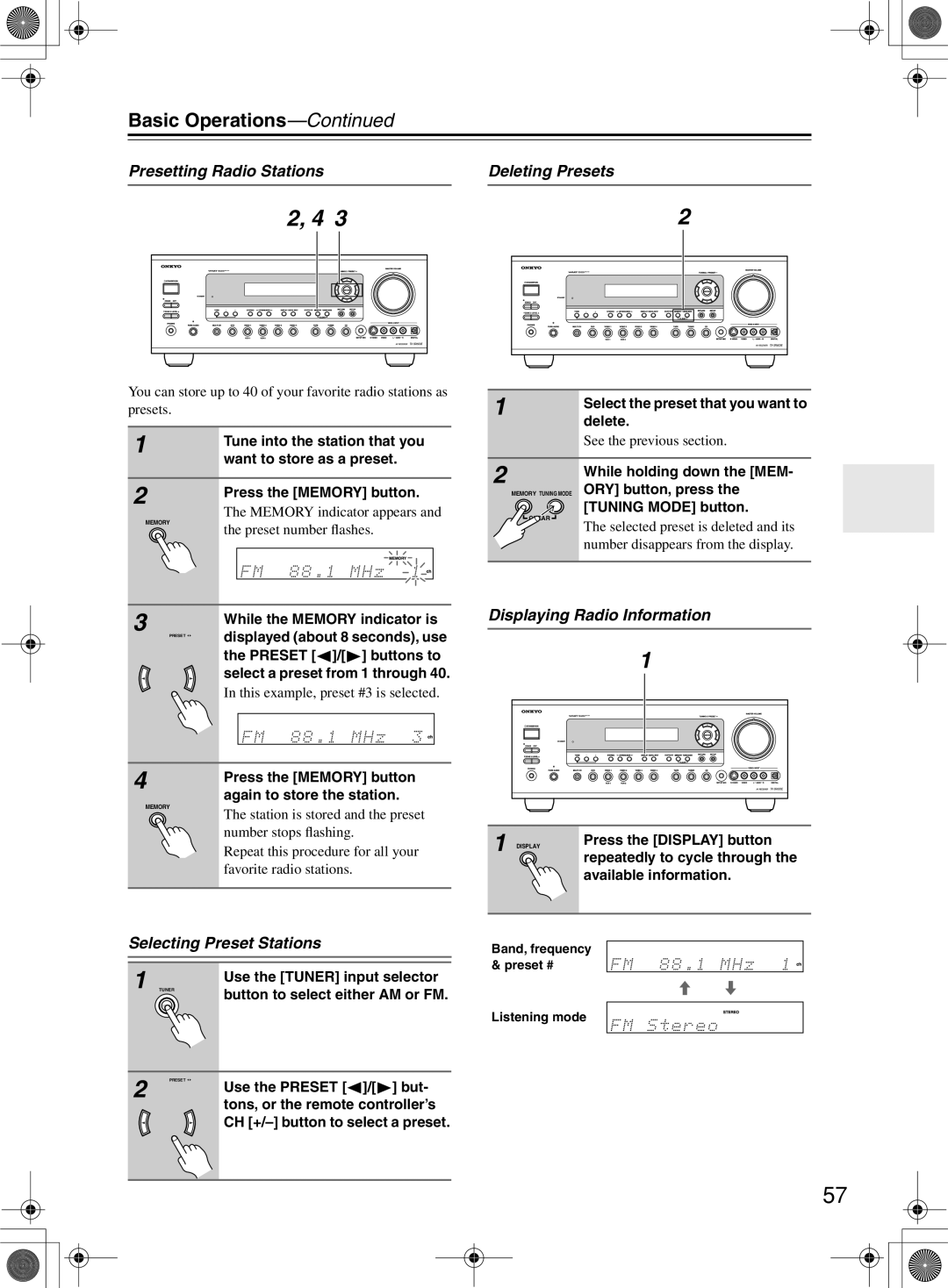 Onkyo TX-SR603/603E Presetting Radio Stations Deleting Presets, Selecting Preset Stations, Displaying Radio Information 