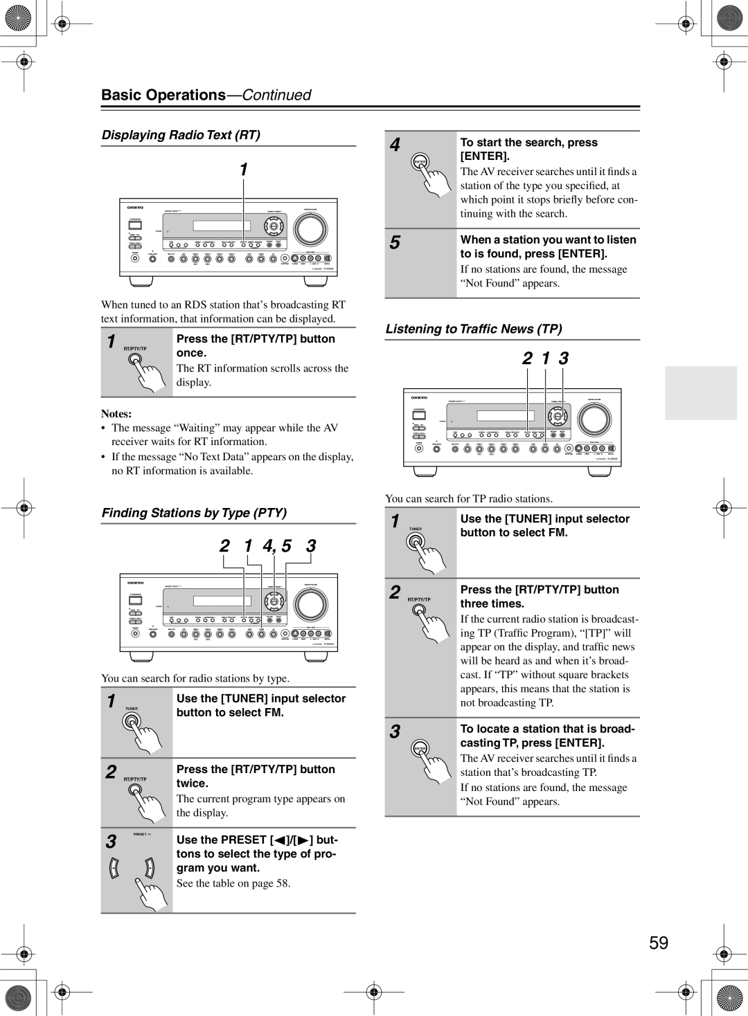 Onkyo TX-SR603/603E, TX-SR8360 Displaying Radio Text RT, Listening to Trafﬁc News TP, Finding Stations by Type PTY 