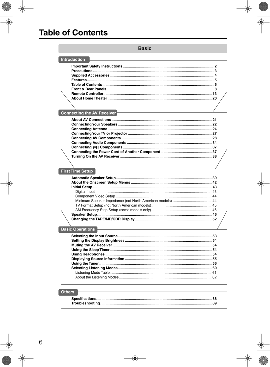 Onkyo TX-SR8360, TX-SR603/603E instruction manual Table of Contents 