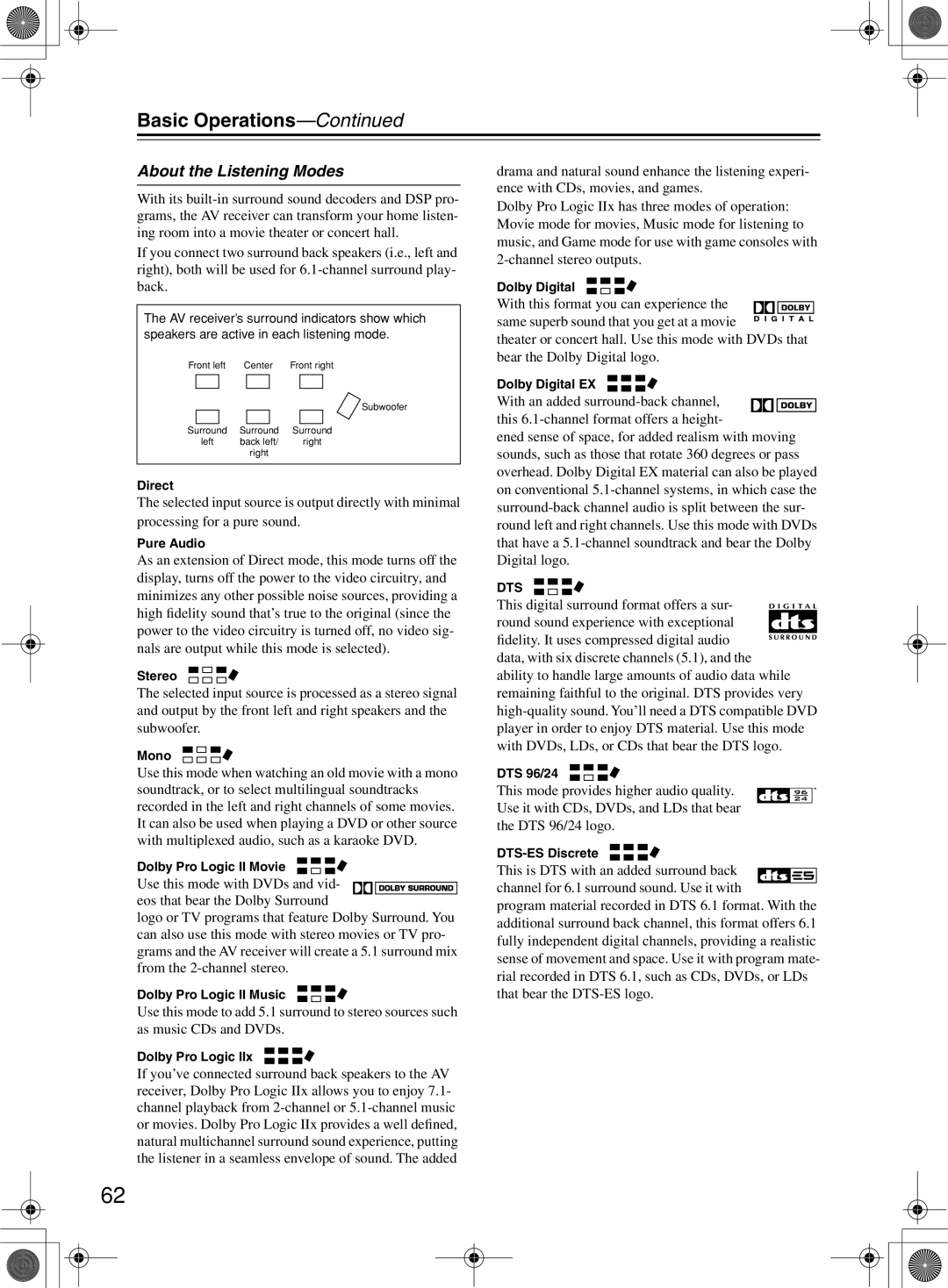 Onkyo TX-SR8360, TX-SR603/603E instruction manual About the Listening Modes 