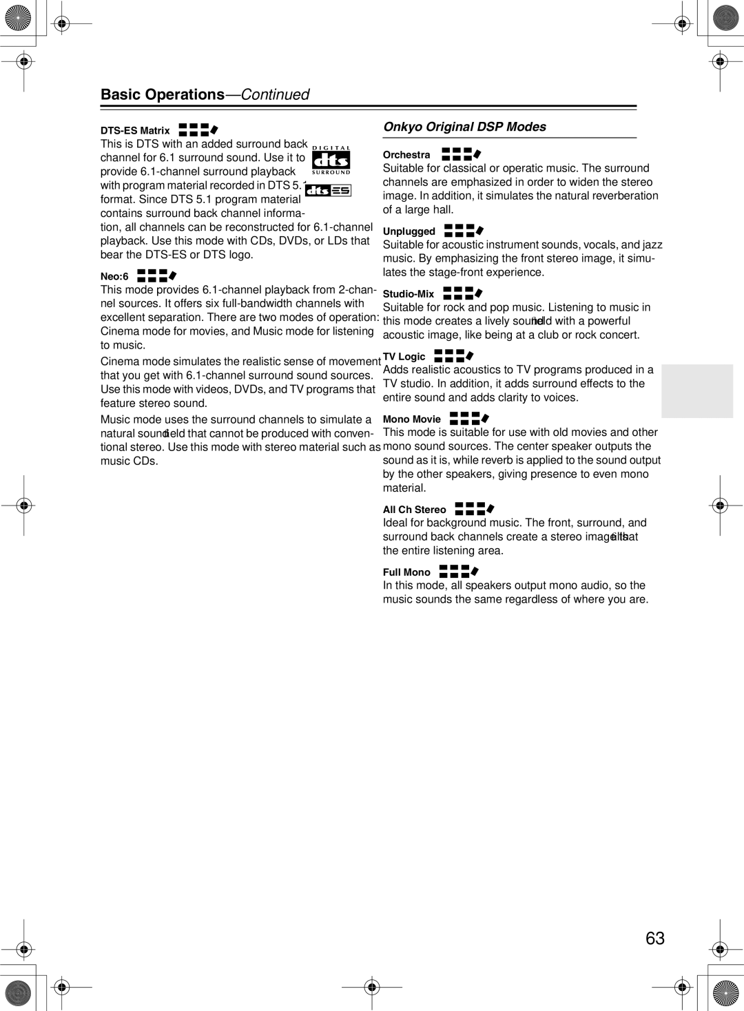 Onkyo TX-SR603/603E, TX-SR8360 instruction manual Onkyo Original DSP Modes 