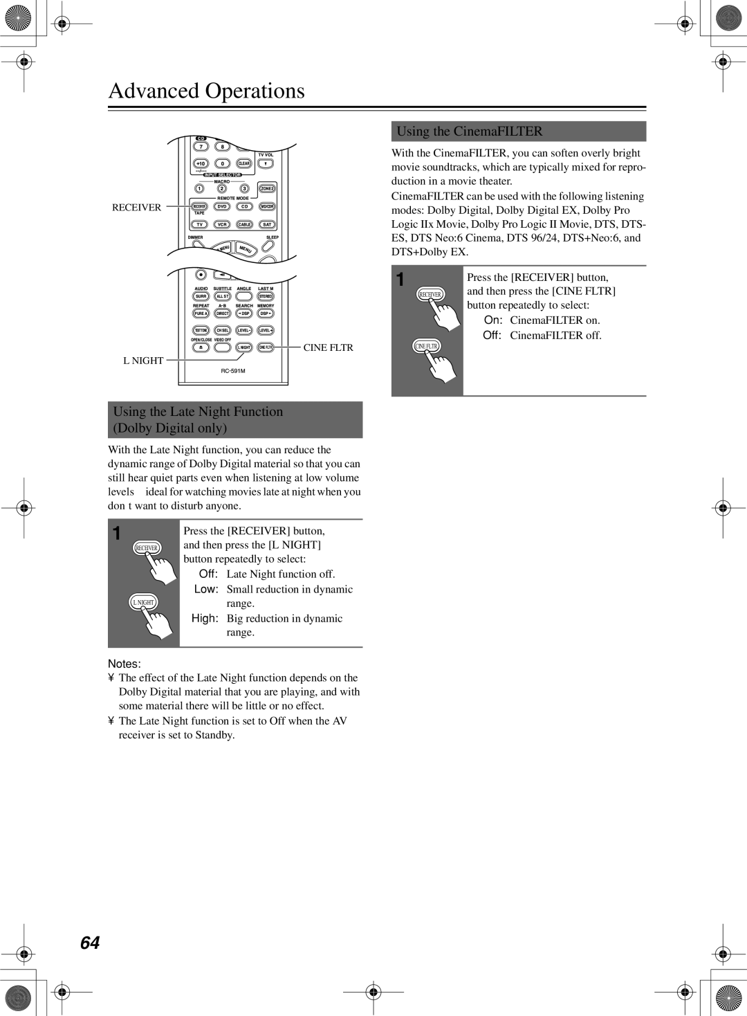 Onkyo TX-SR8360 Advanced Operations, Using the CinemaFILTER, Using the Late Night Function Dolby Digital only 