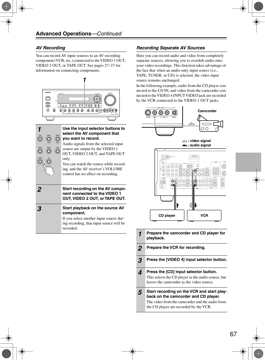 Onkyo TX-SR603/603E, TX-SR8360 instruction manual AV Recording Recording Separate AV Sources 