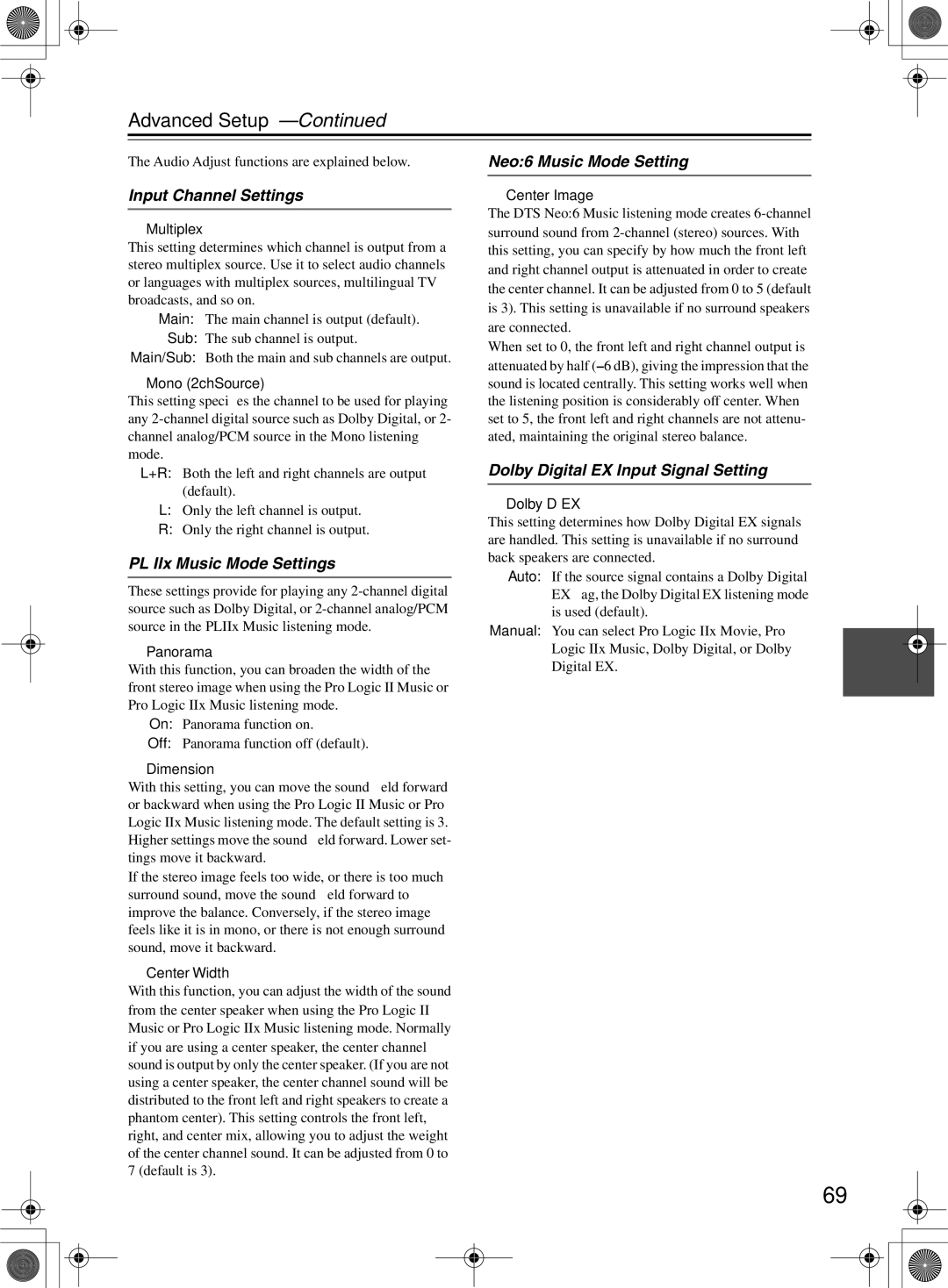 Onkyo TX-SR603/603E, TX-SR8360 Advanced Setup, Input Channel Settings, PL IIx Music Mode Settings, Neo6 Music Mode Setting 