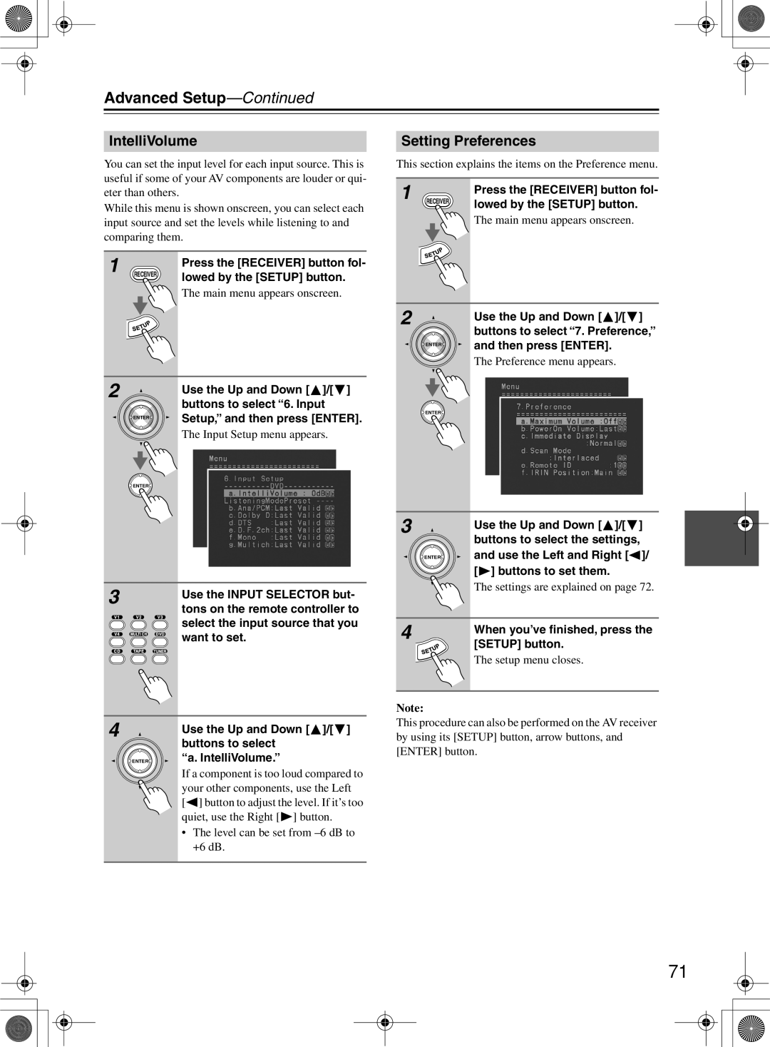 Onkyo TX-SR603/603E, TX-SR8360 instruction manual IntelliVolume, Setting Preferences, Then press Enter 