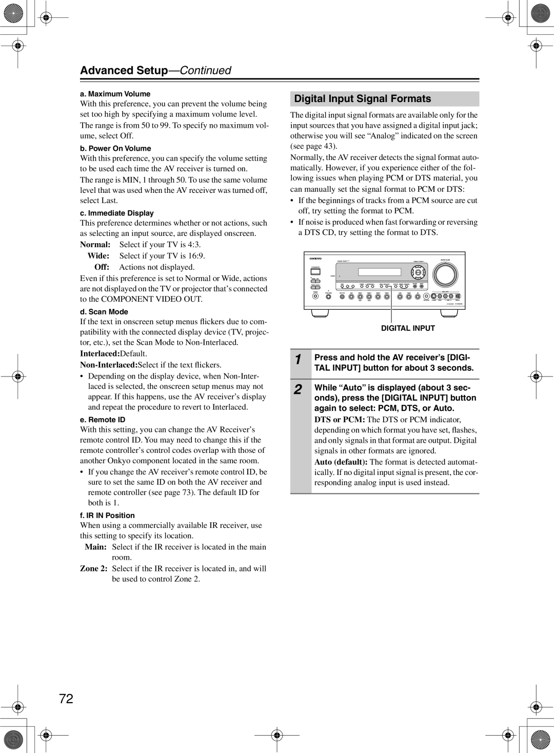 Onkyo TX-SR8360, TX-SR603/603E Digital Input Signal Formats, InterlacedDefault, Press and hold the AV receiver’s Digi 