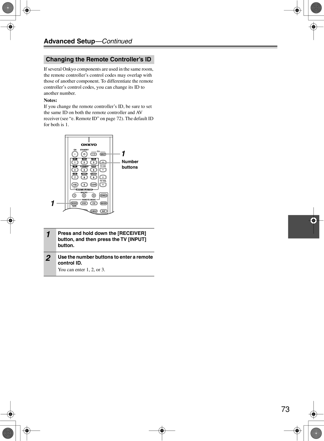 Onkyo TX-SR603/603E, TX-SR8360 Changing the Remote Controller’s ID, Press and hold down the Receiver, Control ID 