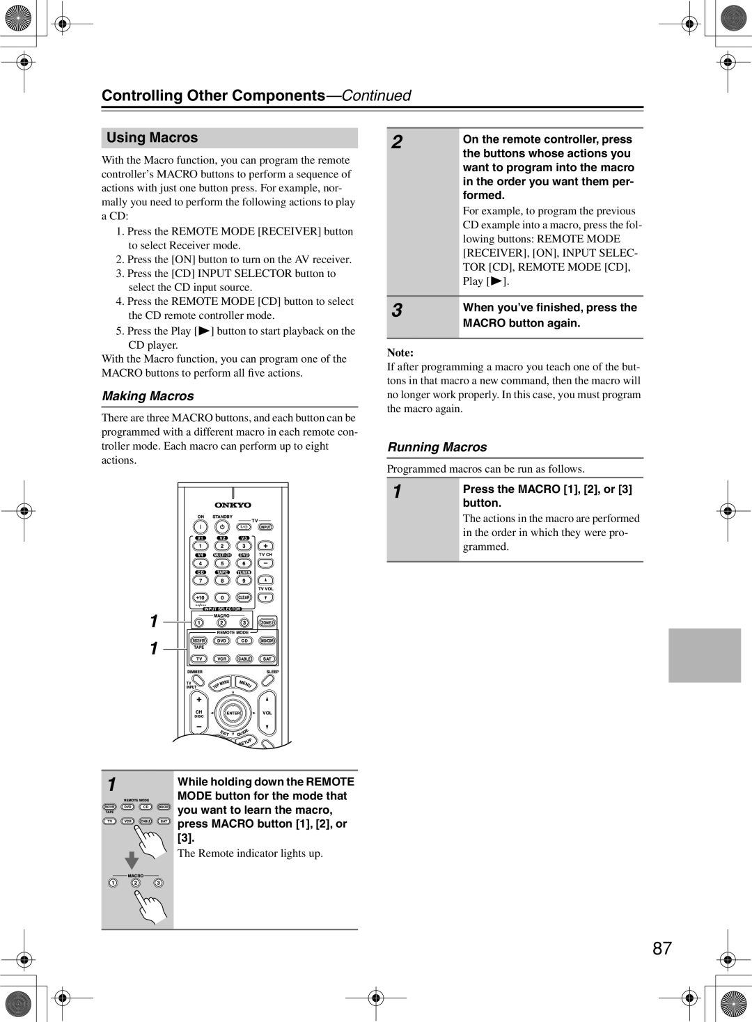 Onkyo TX-SR603/603E, TX-SR8360 instruction manual Using Macros, Making Macros, Running Macros 