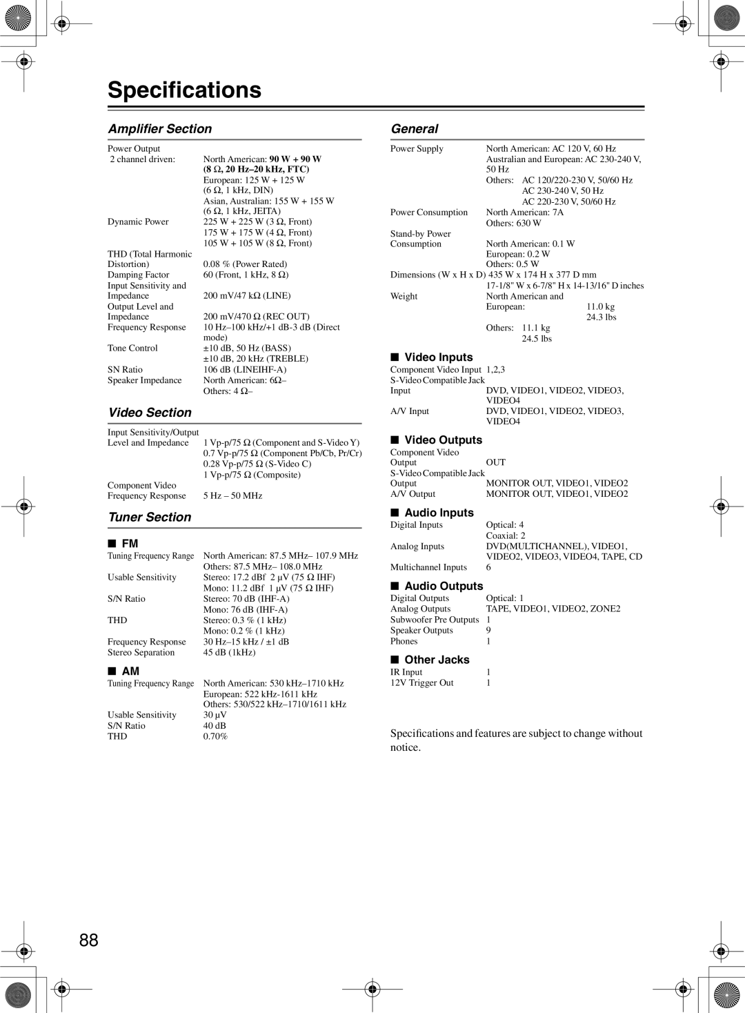 Onkyo TX-SR8360, TX-SR603/603E instruction manual Speciﬁcations, Ampliﬁer Section, Video Section, Tuner Section, General 