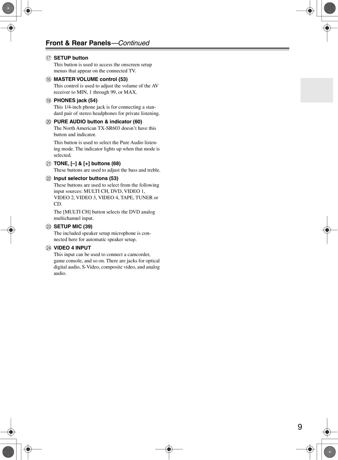 Onkyo TX-SR603/603E, TX-SR8360 instruction manual Front & Rear Panels 