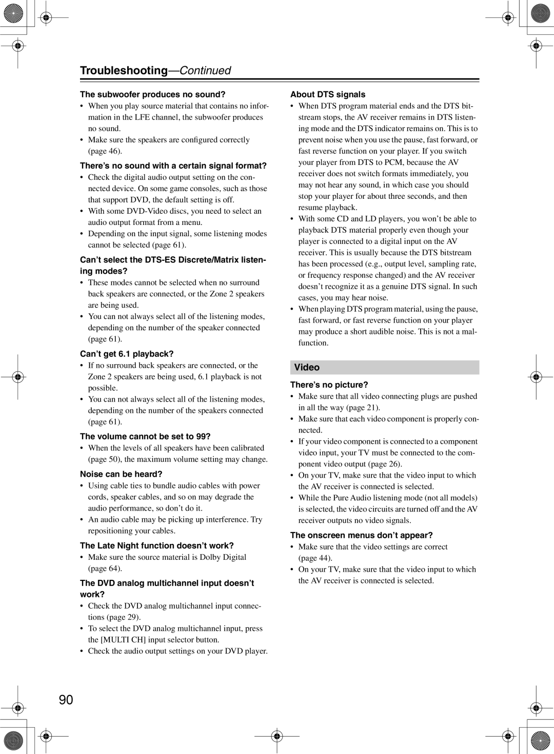 Onkyo TX-SR8360, TX-SR603/603E instruction manual Troubleshooting 