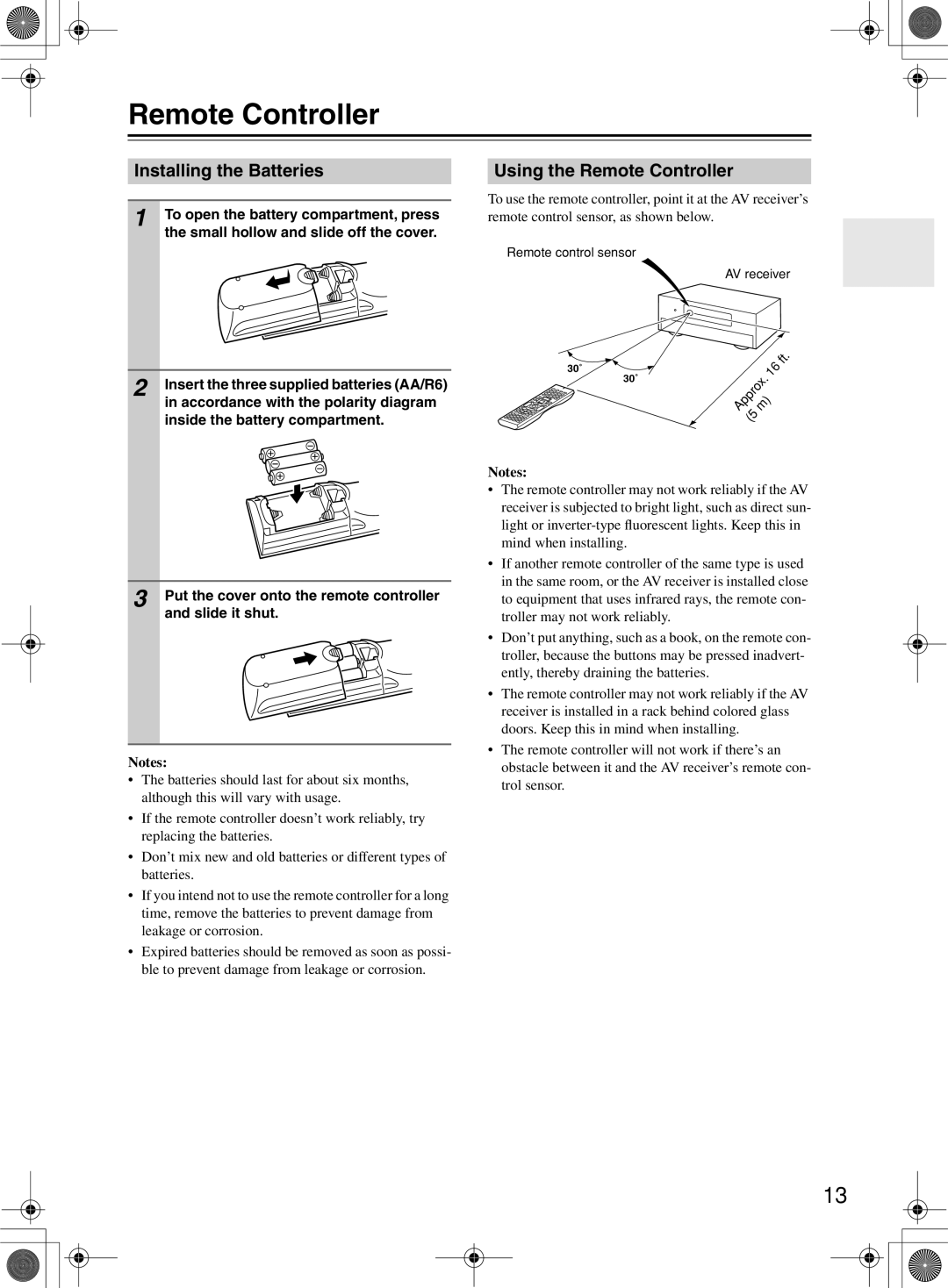 Onkyo TX-SR603/603E, TX-SR8360 instruction manual Installing the Batteries, Using the Remote Controller, Notes 