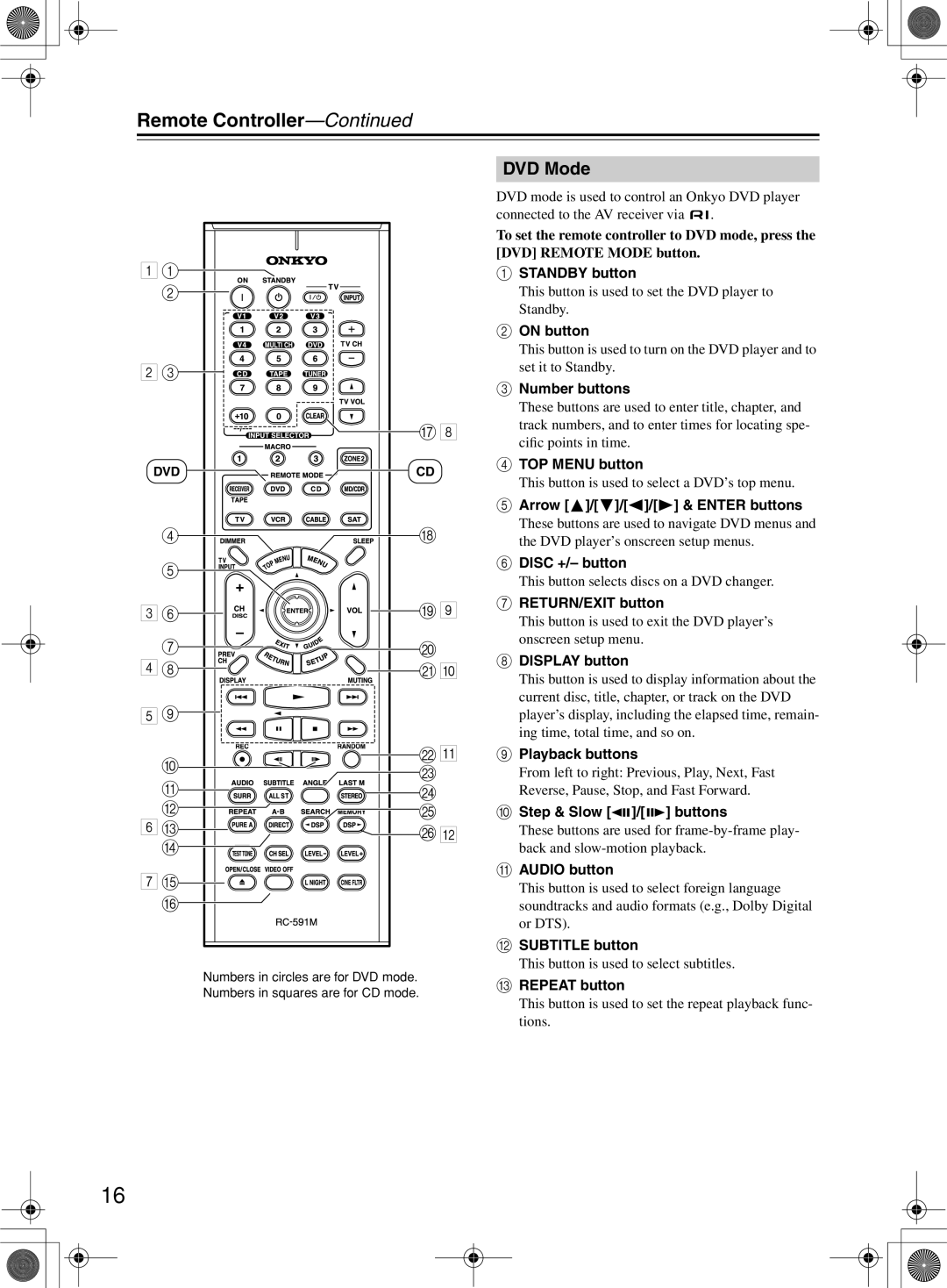 Onkyo TX-SR8360, TX-SR603/603E instruction manual DVD Mode, Remote Controller-Continued 