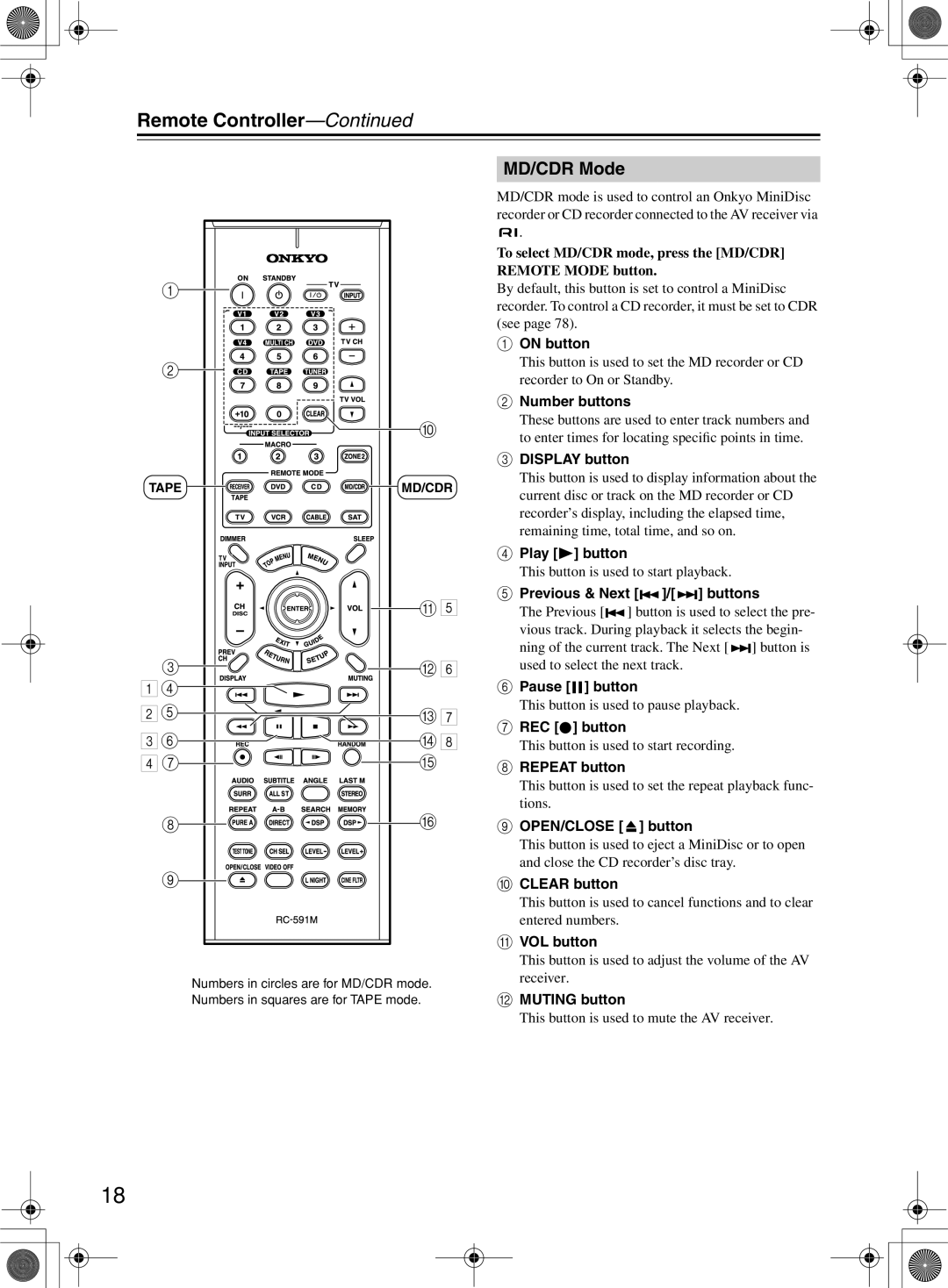 Onkyo TX-SR8360, TX-SR603/603E instruction manual MD/CDR Mode, Remote Controller—Continued 