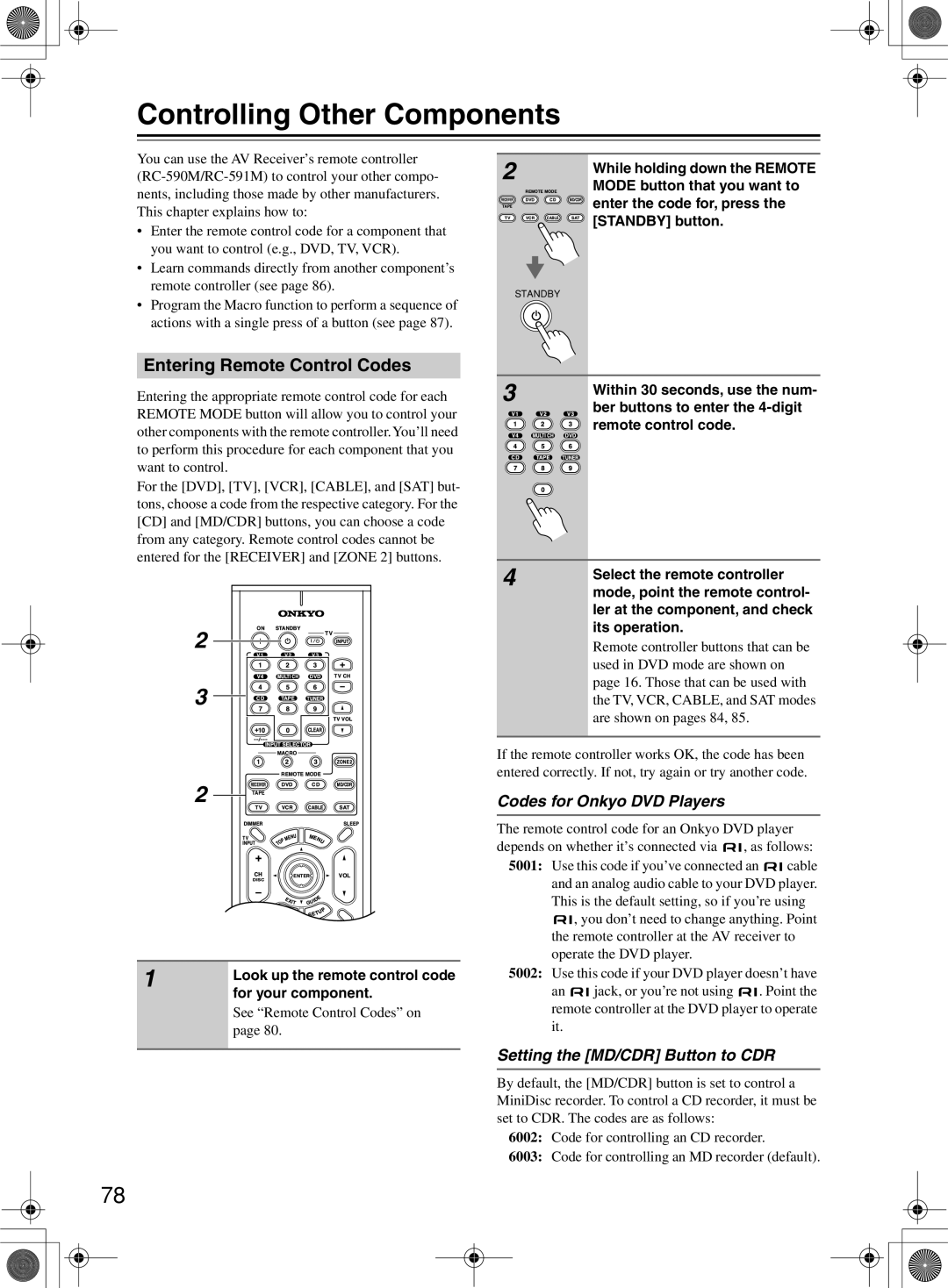Onkyo TX-SR8360 Controlling Other Components, Entering Remote Control Codes, Codes for Onkyo DVD Players, page 