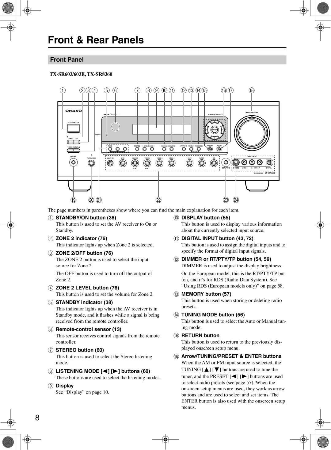 Onkyo instruction manual Front & Rear Panels, Front Panel, 234 5, 7 8 9 0A BCDE, TX-SR603/603E, TX-SR8360 