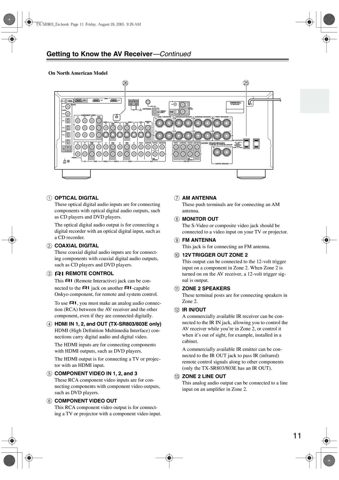 Onkyo TX-SR8370, TX-SR703E On North American Model, Hdmi in 1, 2, and OUT TX-SR803/803E only, Component Video in 1, 2 