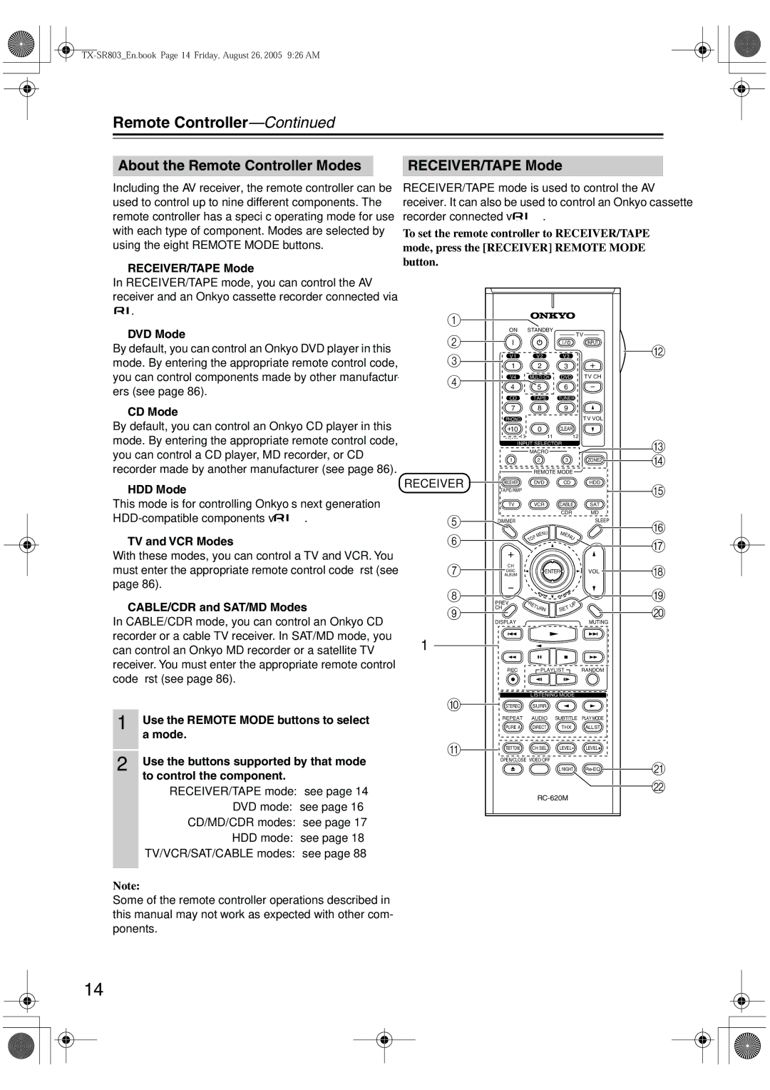 Onkyo TX-SR8370, TX-SR803, TX-SR703E, TX-SR 803E About the Remote Controller Modes, RECEIVER/TAPE Mode 