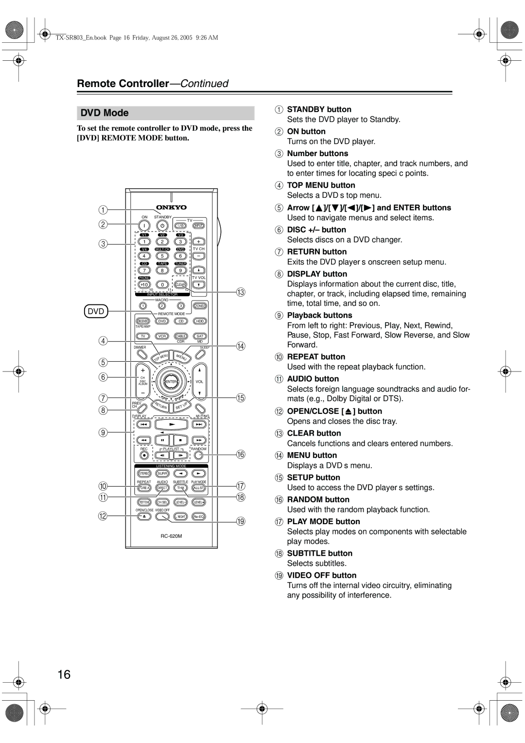 Onkyo TX-SR803, TX-SR8370, TX-SR703E, TX-SR 803E instruction manual DVD Mode 