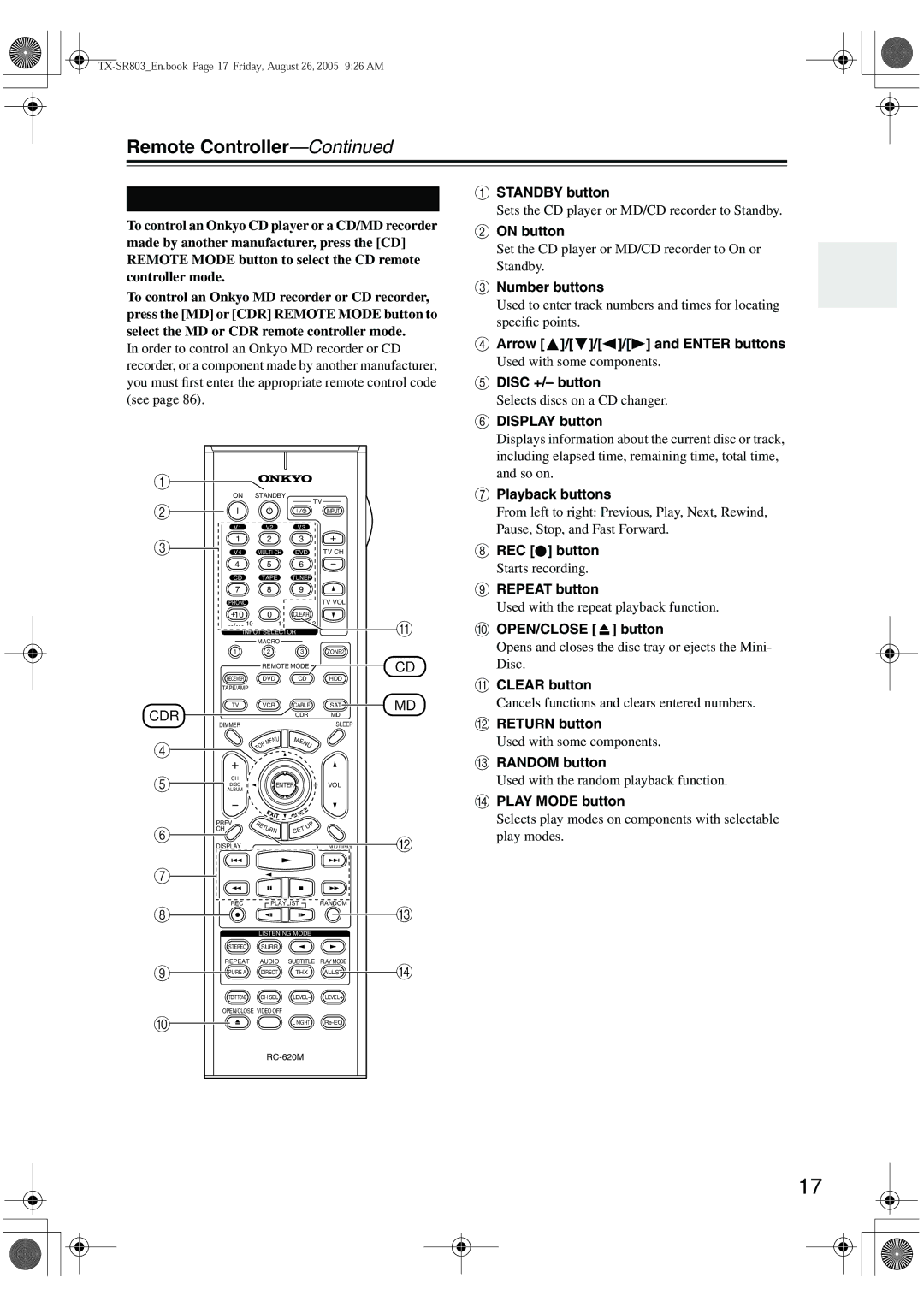 Onkyo TX-SR703E, TX-SR8370, TX-SR803, TX-SR 803E instruction manual CD, MD, and CDR Modes 