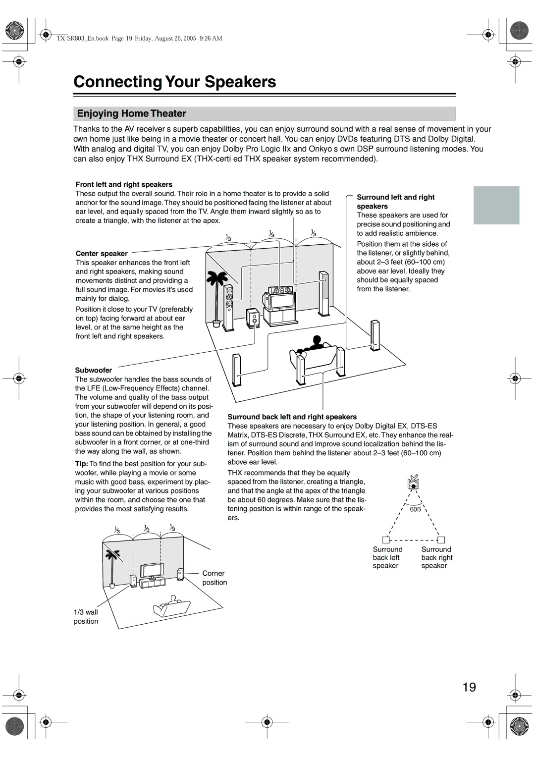 Onkyo TX-SR8370, TX-SR803, TX-SR703E, TX-SR 803E instruction manual Connecting Your Speakers, Enjoying Home Theater 