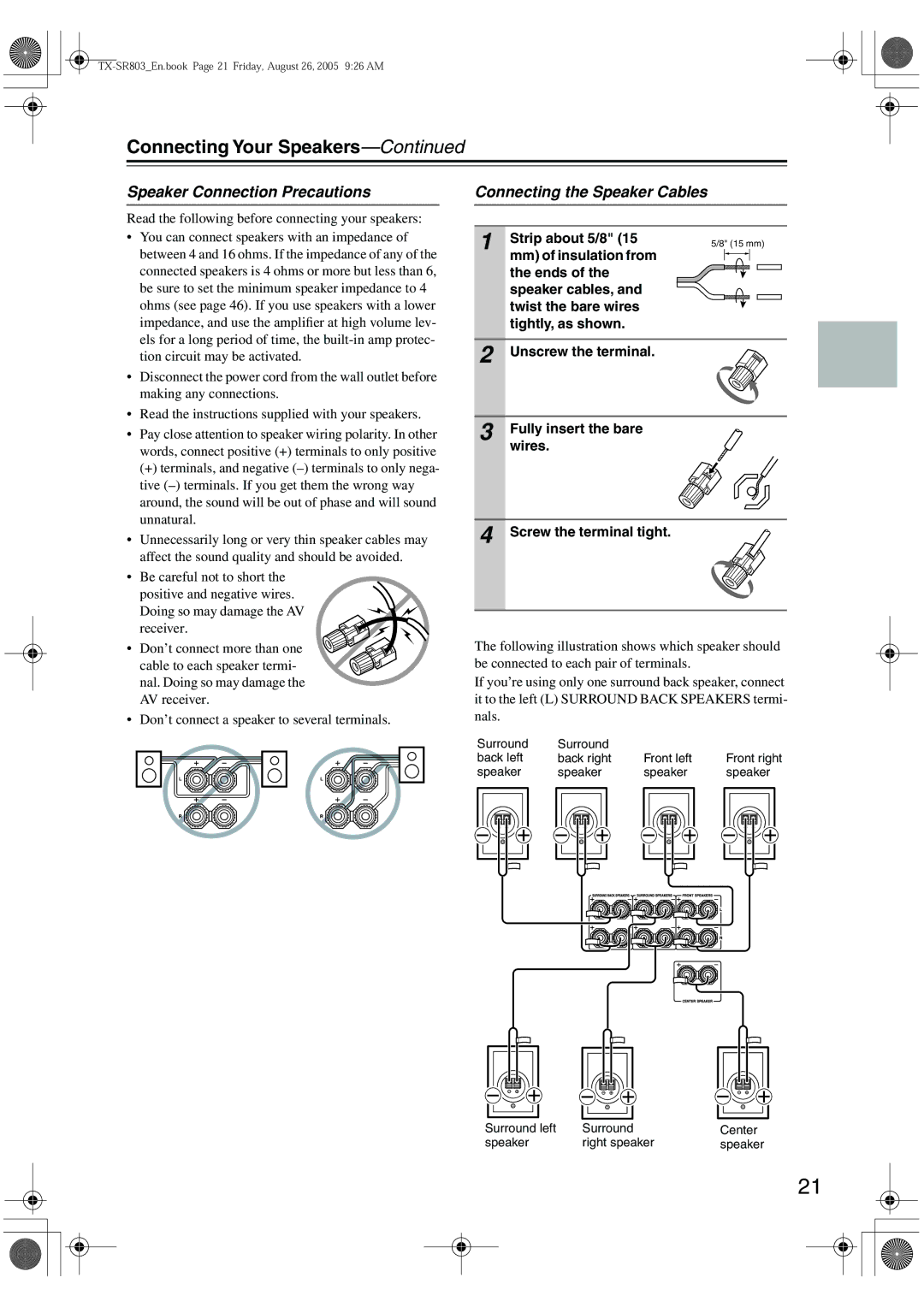 Onkyo TX-SR803, TX-SR8370, TX-SR703E Speaker Connection Precautions, Connecting the Speaker Cables, Strip about 5/8 