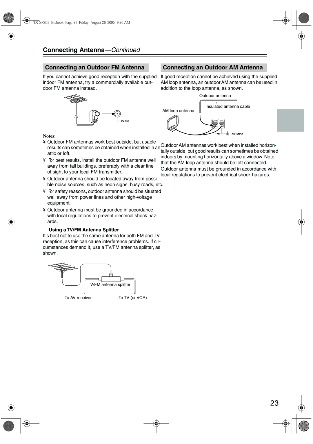 Onkyo TX-SR 803E, TX-SR8370 Connecting Antenna, Connecting an Outdoor FM Antenna, Connecting an Outdoor AM Antenna 