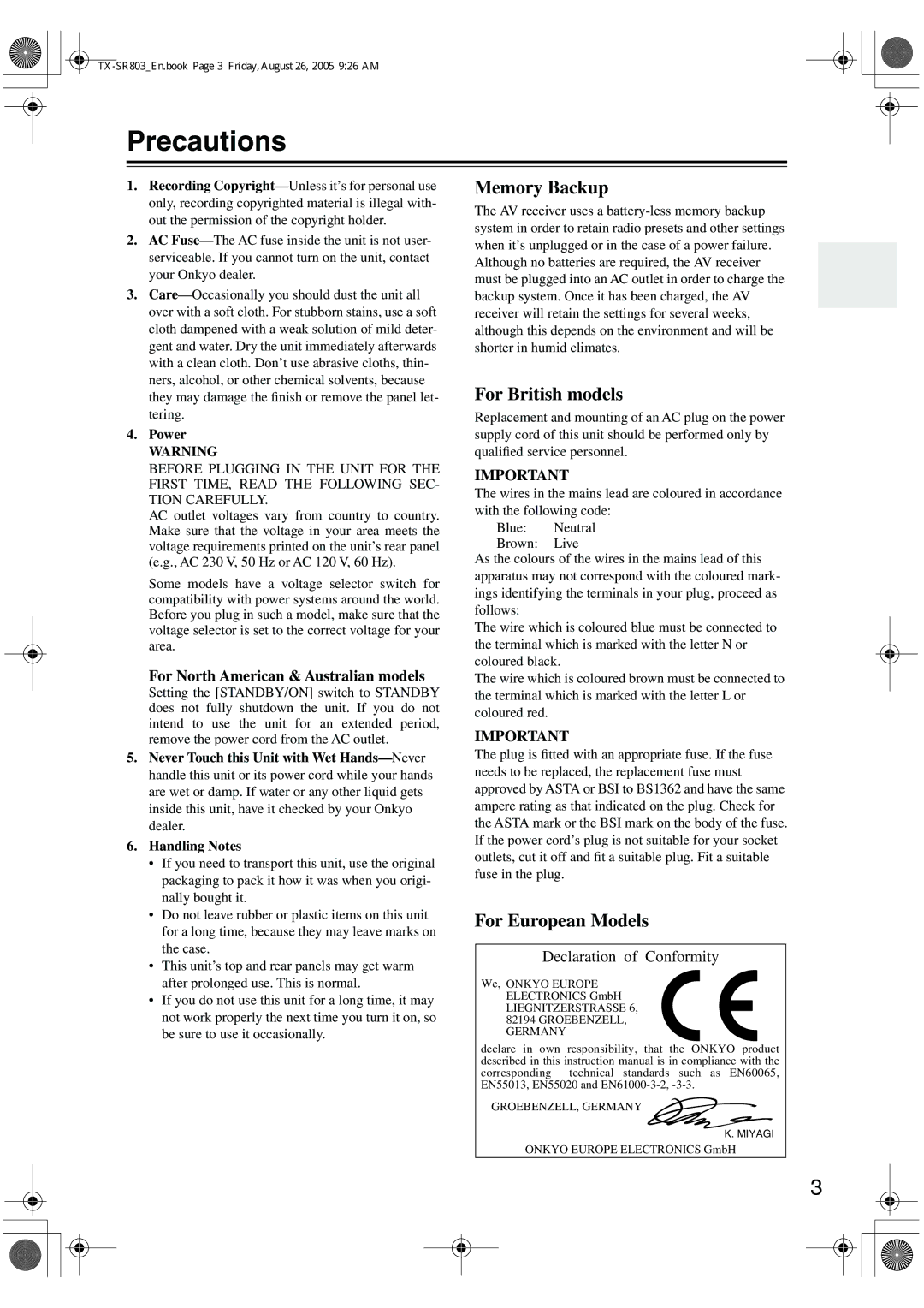 Onkyo TX-SR 803E, TX-SR8370, TX-SR803, TX-SR703E instruction manual Precautions, Power 