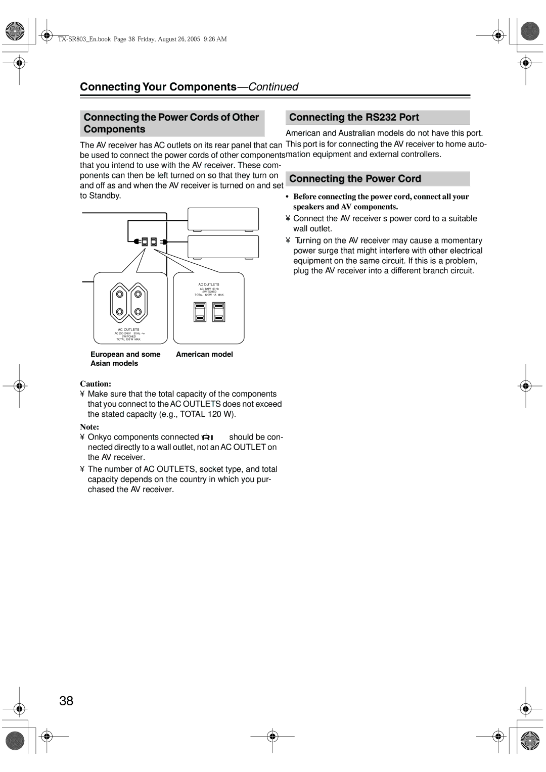 Onkyo TX-SR 803E, TX-SR8370 Connecting the Power Cords of Other Components, Connecting the RS232 Port, European and some 