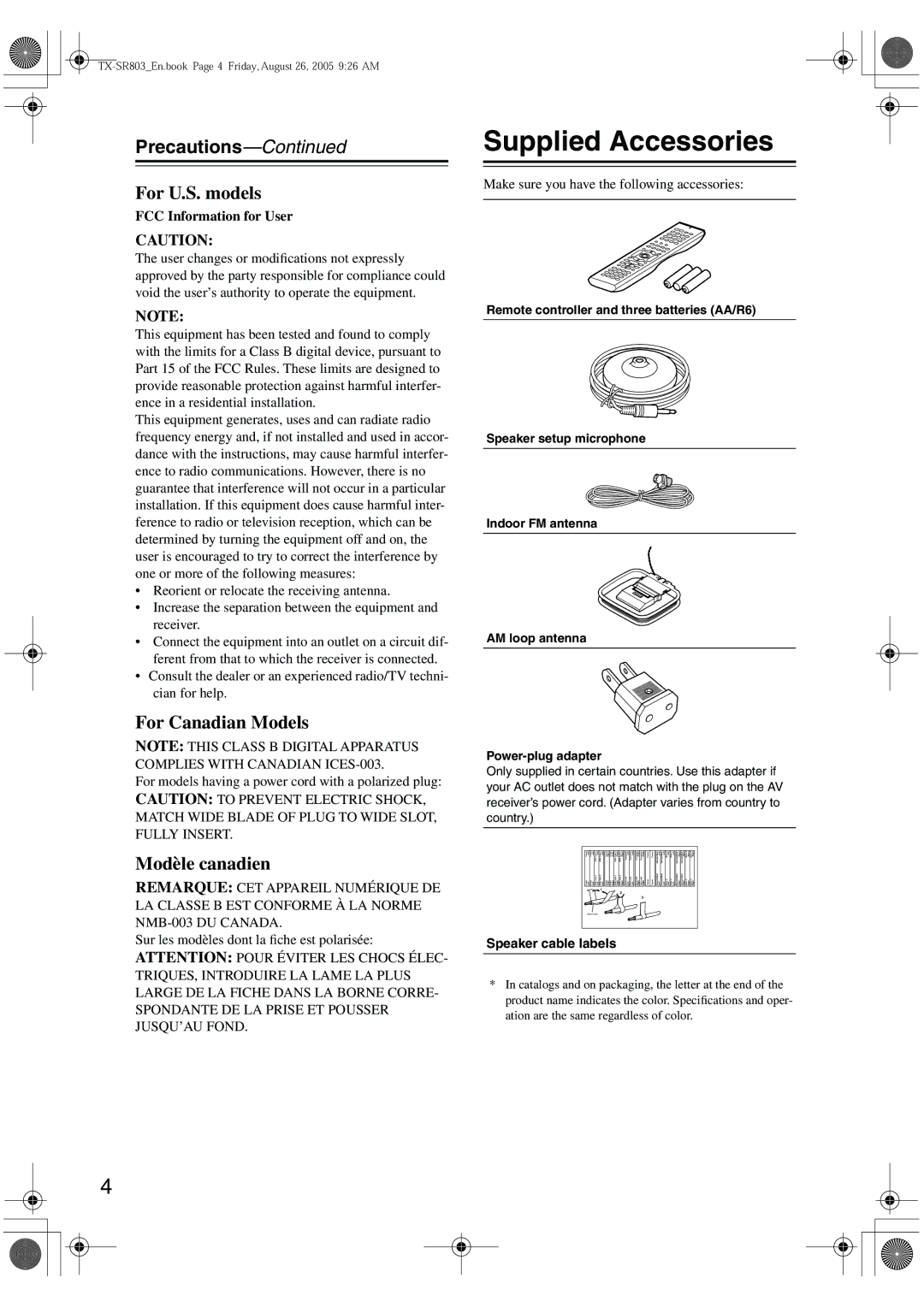 Onkyo TX-SR8370, TX-SR803, TX-SR703E, TX-SR 803E Supplied Accessories, Precautions, FCC Information for User 