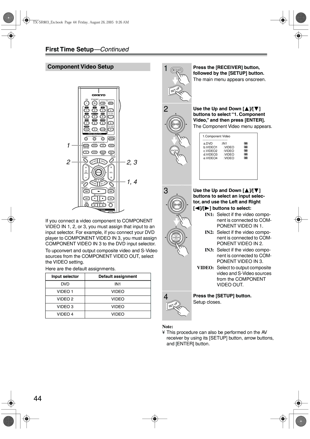 Onkyo TX-SR8370, TX-SR803, TX-SR703E, TX-SR 803E instruction manual Component Video Setup, Component Video menu appears 