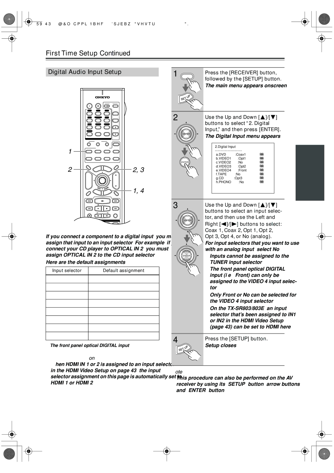 Onkyo TX-SR8370, TX-SR703E, TX-SR 803E Digital Audio Input Setup, Digital Input menu appears, TX-SR803/803E only 