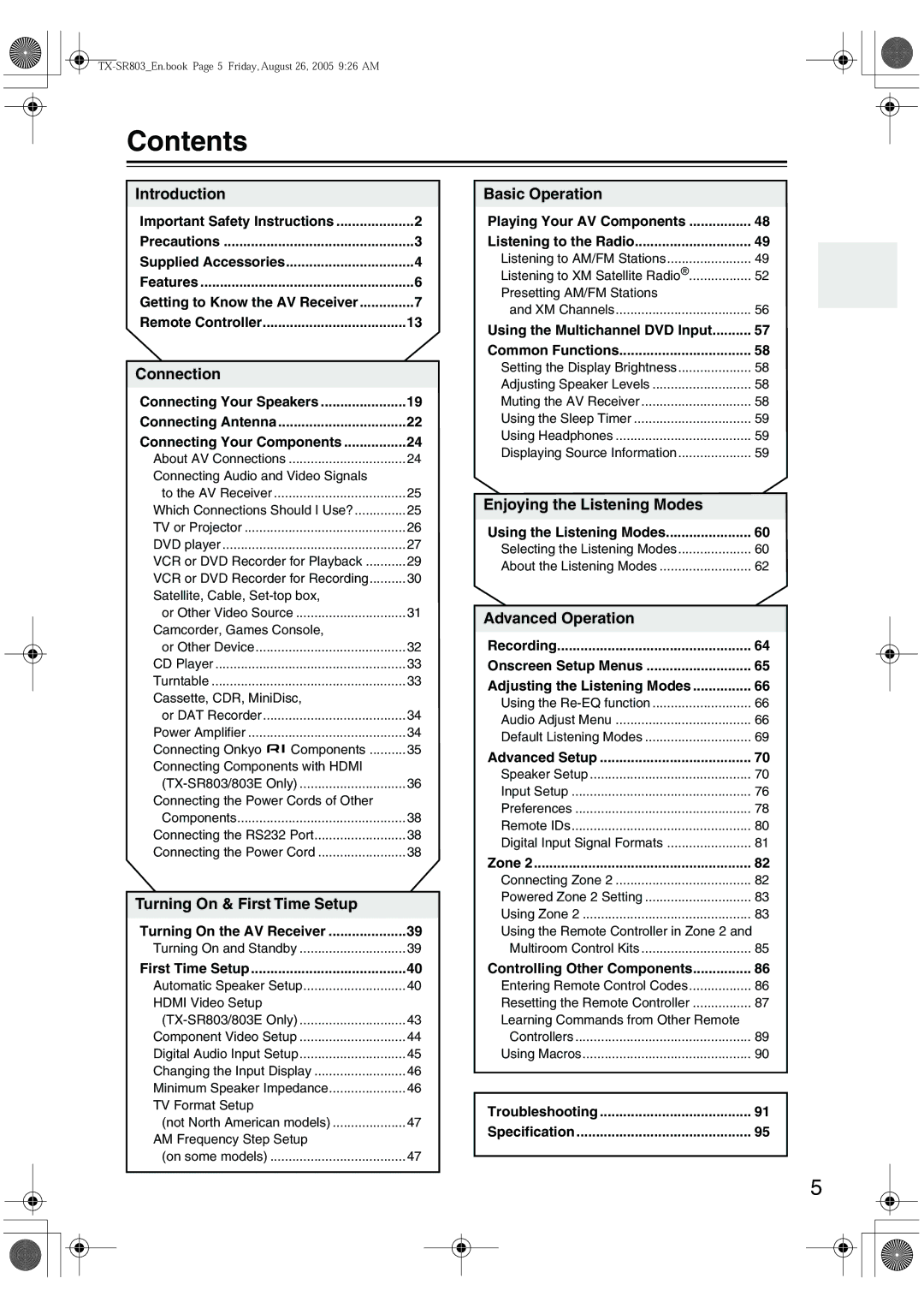 Onkyo TX-SR8370, TX-SR803, TX-SR703E, TX-SR 803E instruction manual Contents 