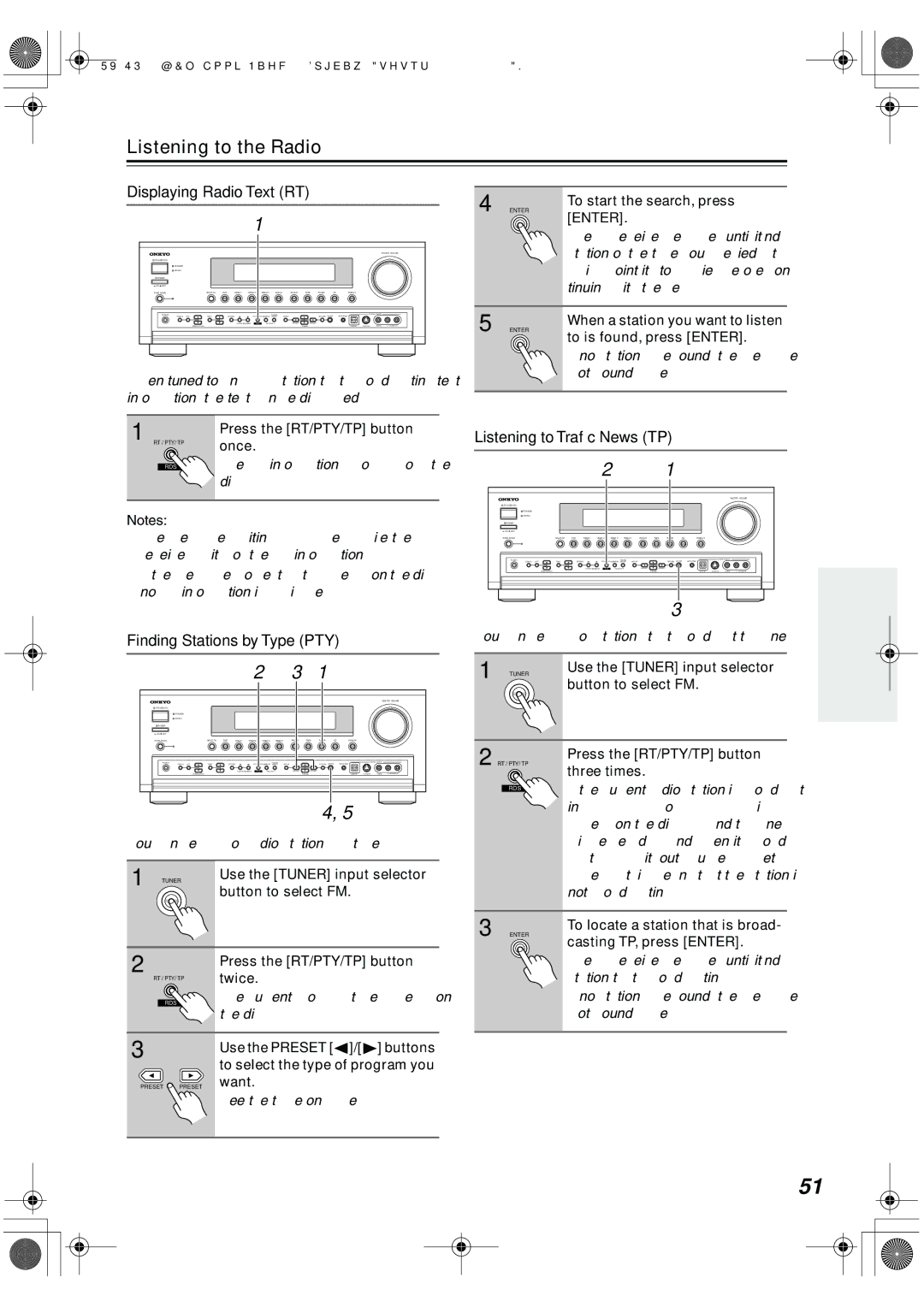 Onkyo TX-SR803, TX-SR8370, TX-SR703E Displaying Radio Text RT, Listening to Trafﬁc News TP, Finding Stations by Type PTY 